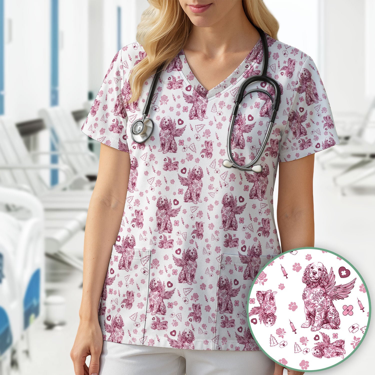 Toile De Jouy Scrubs for Nurses - Angel Puppy Medical Uniform - Floral Dog in Heaven Gift for Women, Vet Techs, RN CNA LPN