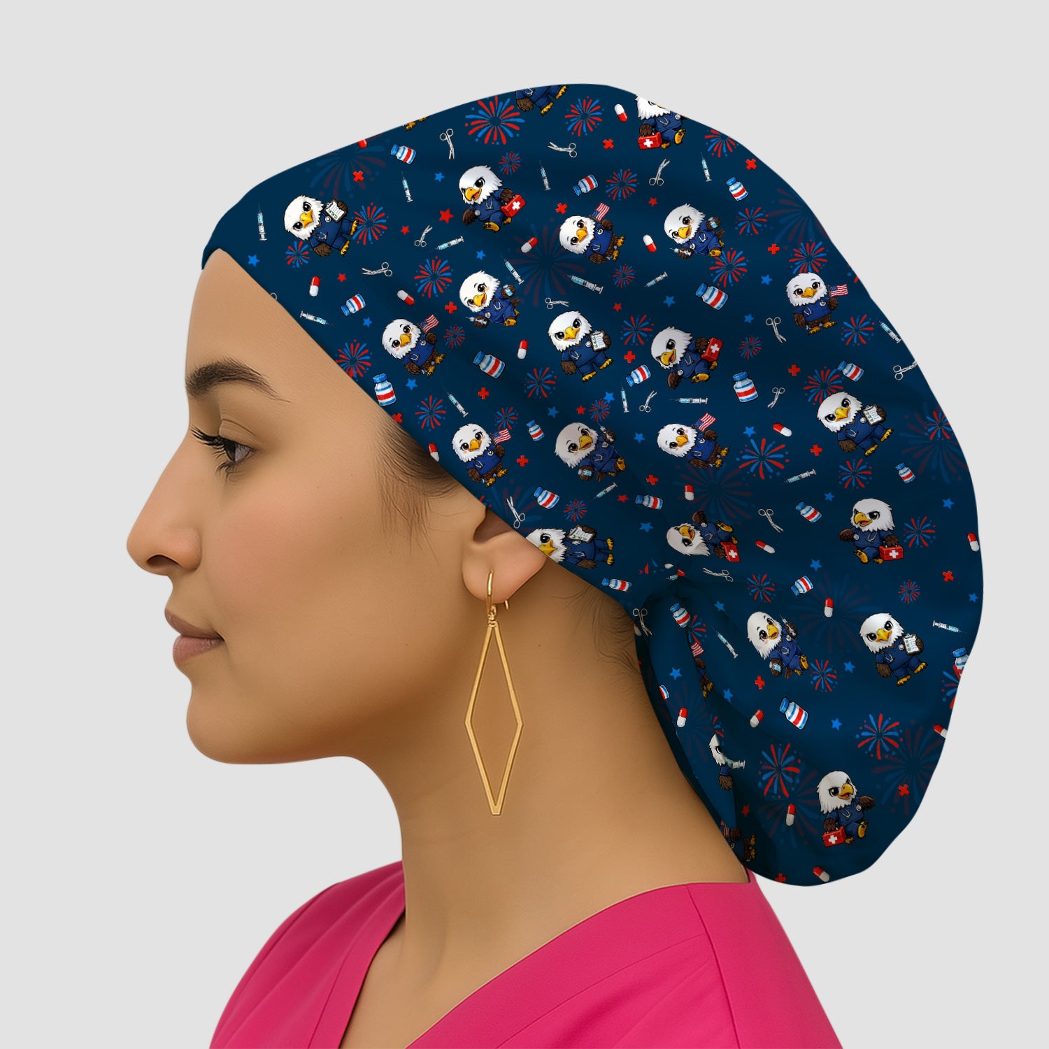 Patriotic Nurse Eagle Fireworks Medical Pattern Cap, Bouffant Scrub Caps for Women