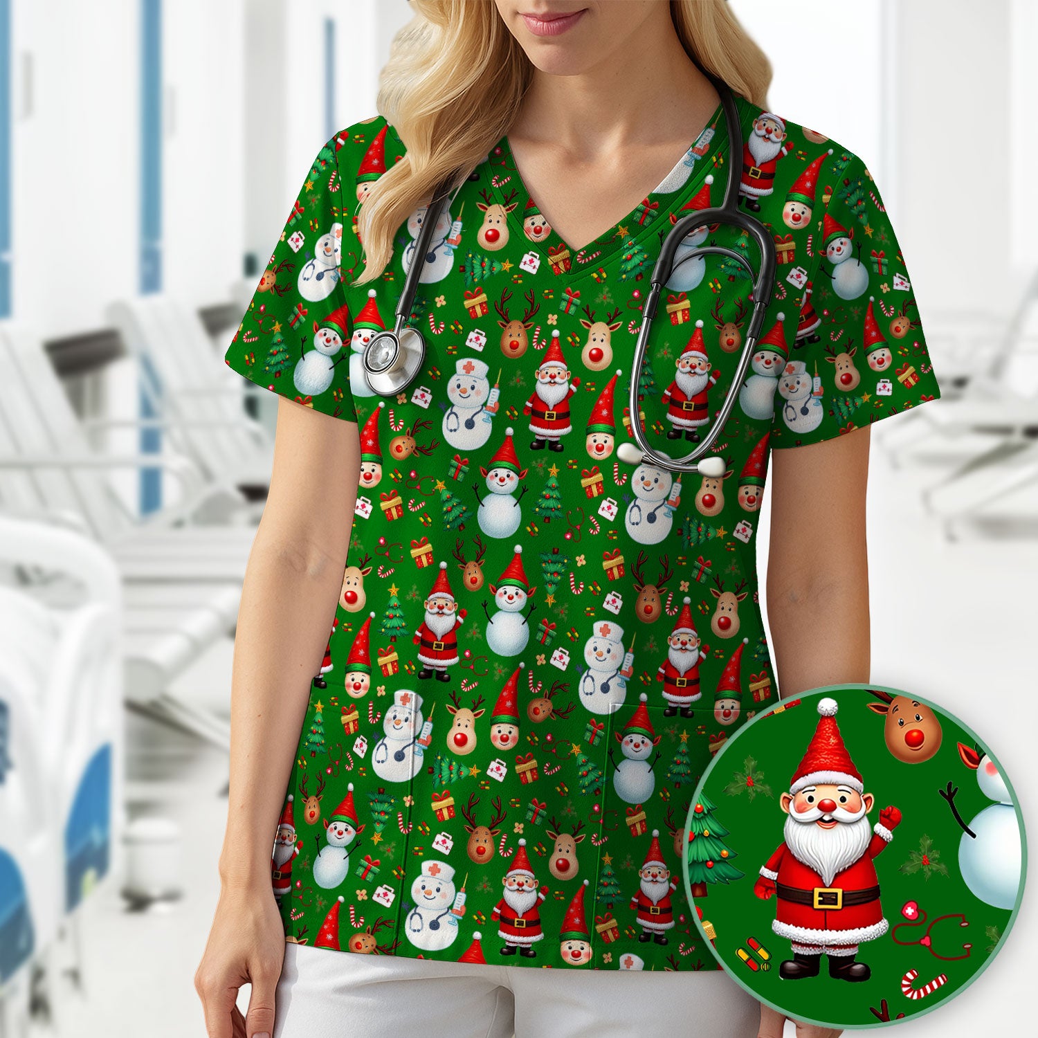 Christmas Scrub Top for Nurses - Cute Snowman Reindeer Santa Pattern - Holiday Medical Uniform RN CNA LPN Gift