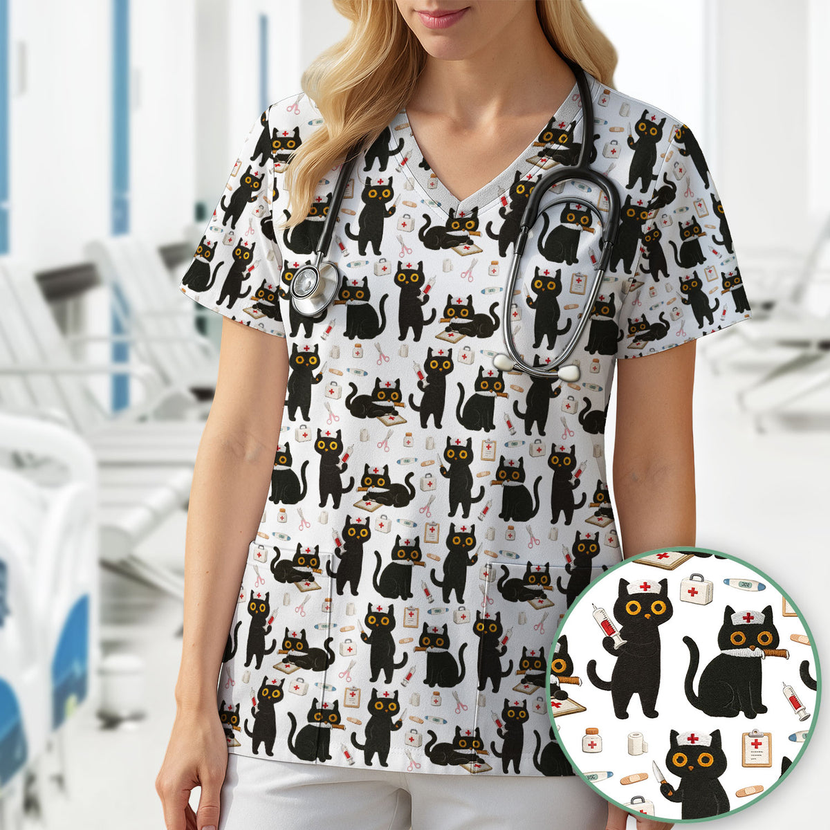 Cute Black Cat Nurse Pattern Scrub Top, Comfortable Scrubs for Nurses