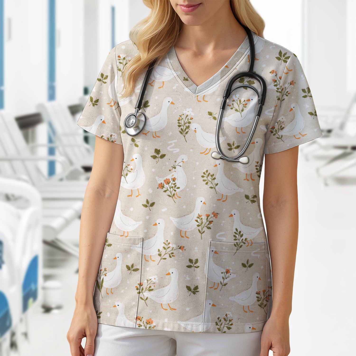 White Goose Floral Meadow Pattern Scrub Top, Comfortable Scrubs for Nurses