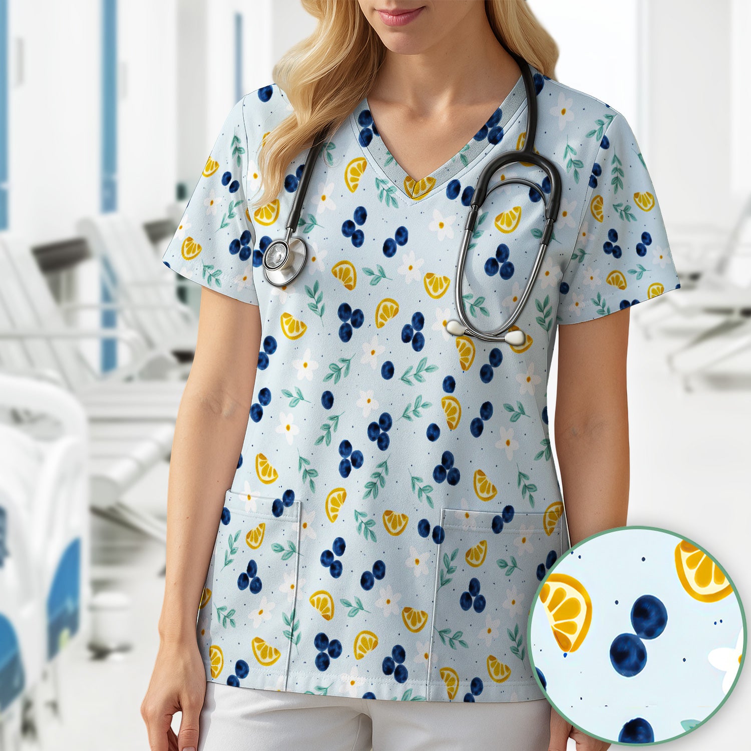Blueberry Lemon Daisy Pattern Scrubs Top, Comfortable Scrubs for Nurses