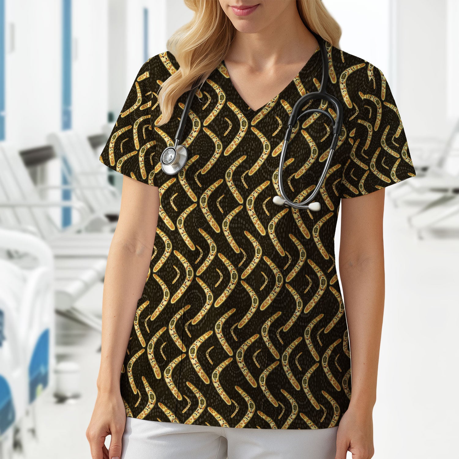 Aboriginal Boomerang Pattern Nurse Scrub Top, Breathable Fabrics Nursing Uniform
