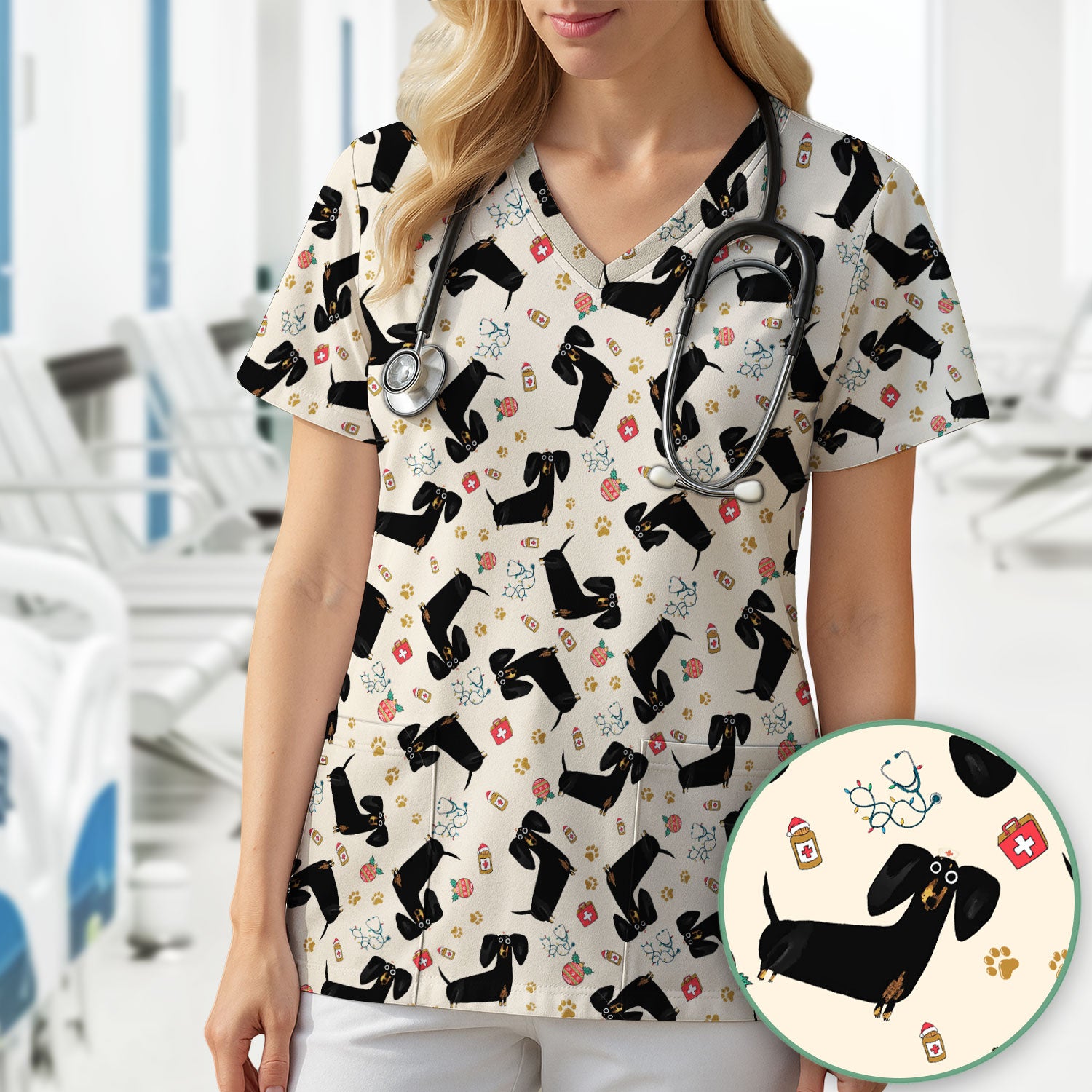 Funny Black Dachshund Scrub Top for Nurses - Cute Wiener Dog Medical Shirt - Puppy Lover Nursing Gift for Women