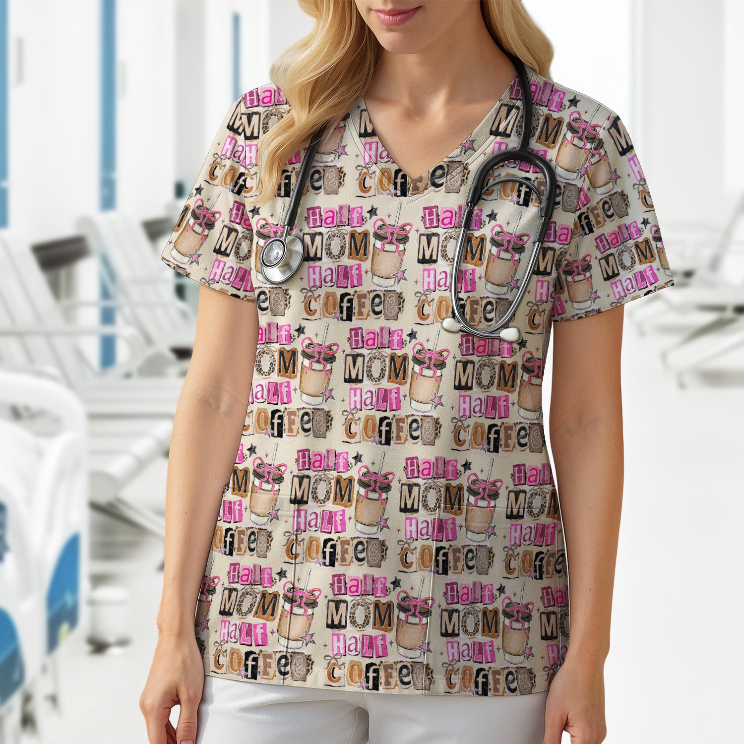 Half Mom Half Coffee Print Scrub Top, Caffeine Lover Nursing Uniform for Women