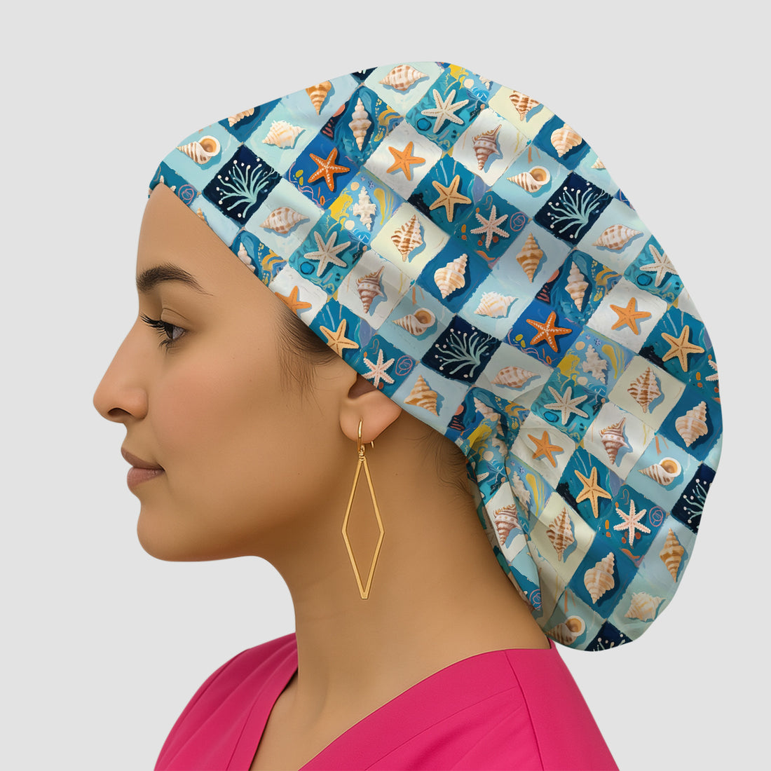 Cute Seashell Starfish Ocean Tile Pattern Nurse Scrub Cap, Surgical Caps for Doctors