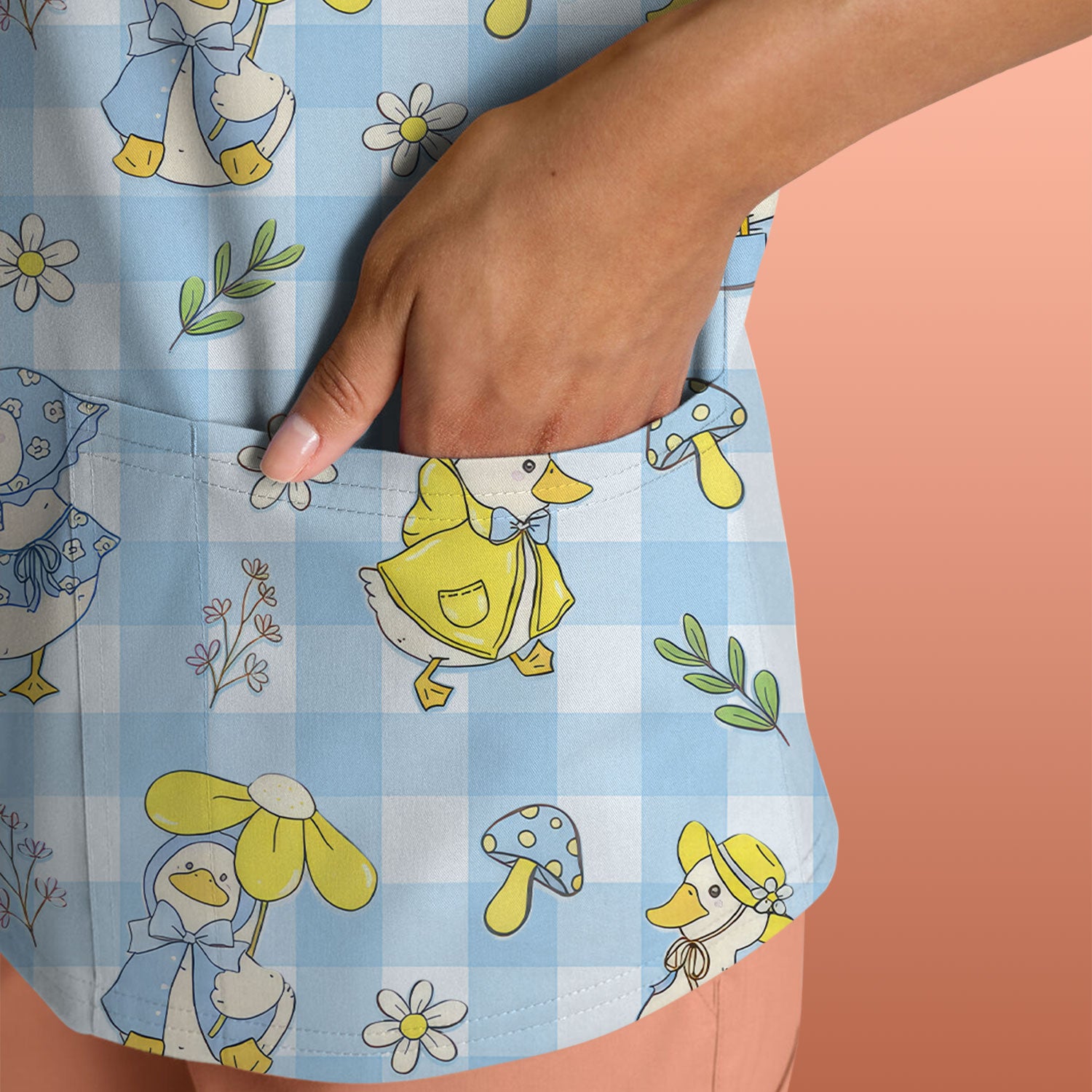 Cute Duck Outfit Gingham Pattern Scrub Top, Comfortable Scrubs for Nurses