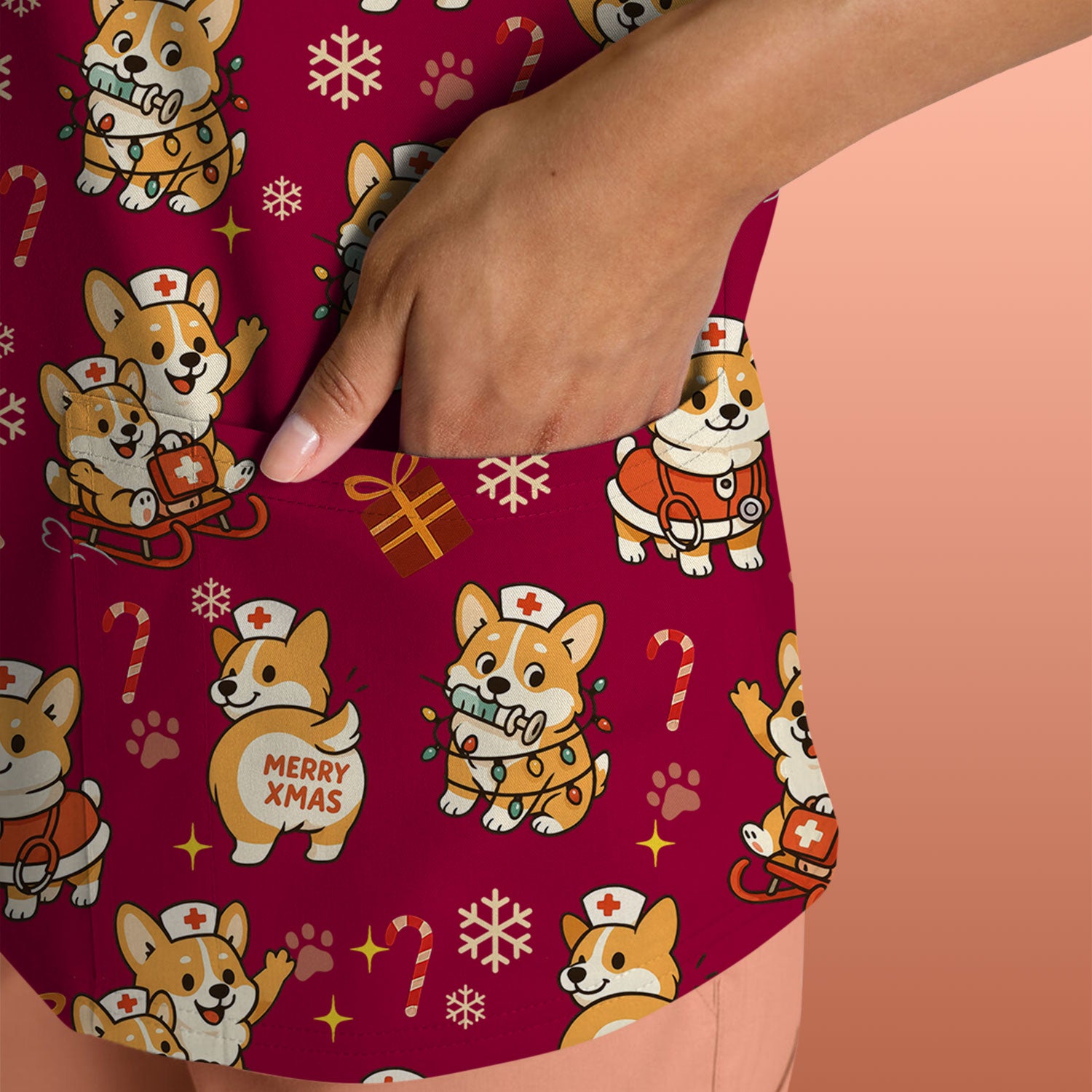 Cute Corgi Dog Scrubs for Christmas - Festive Puppy Pattern Medical Scrub Top - Holiday Christmas Scrubs with Charming Corgi Print
