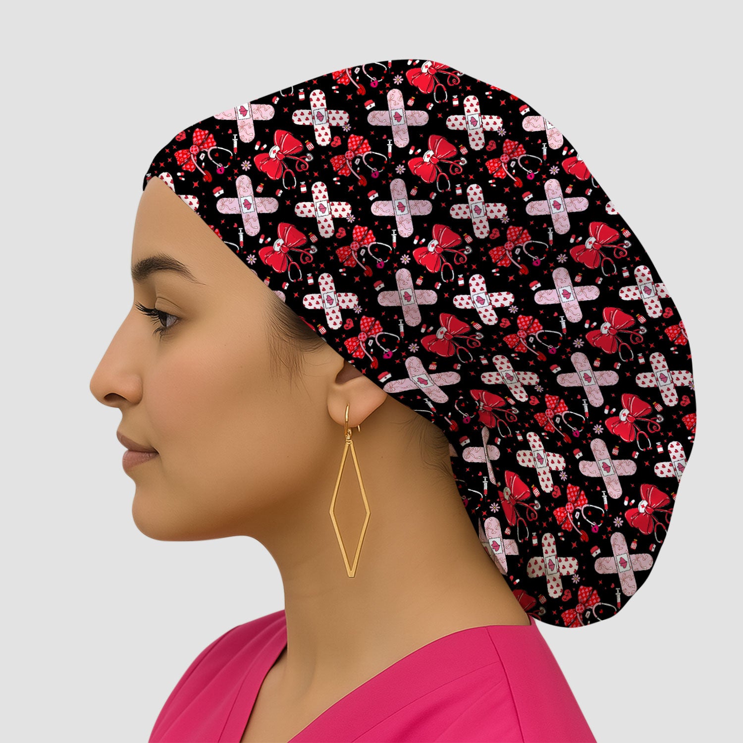 Valentine Nurse Scrub Cap, Red Bow And Heart Bandage Pattern Medical Hat, Breathable Fabrics Nursing Uniform
