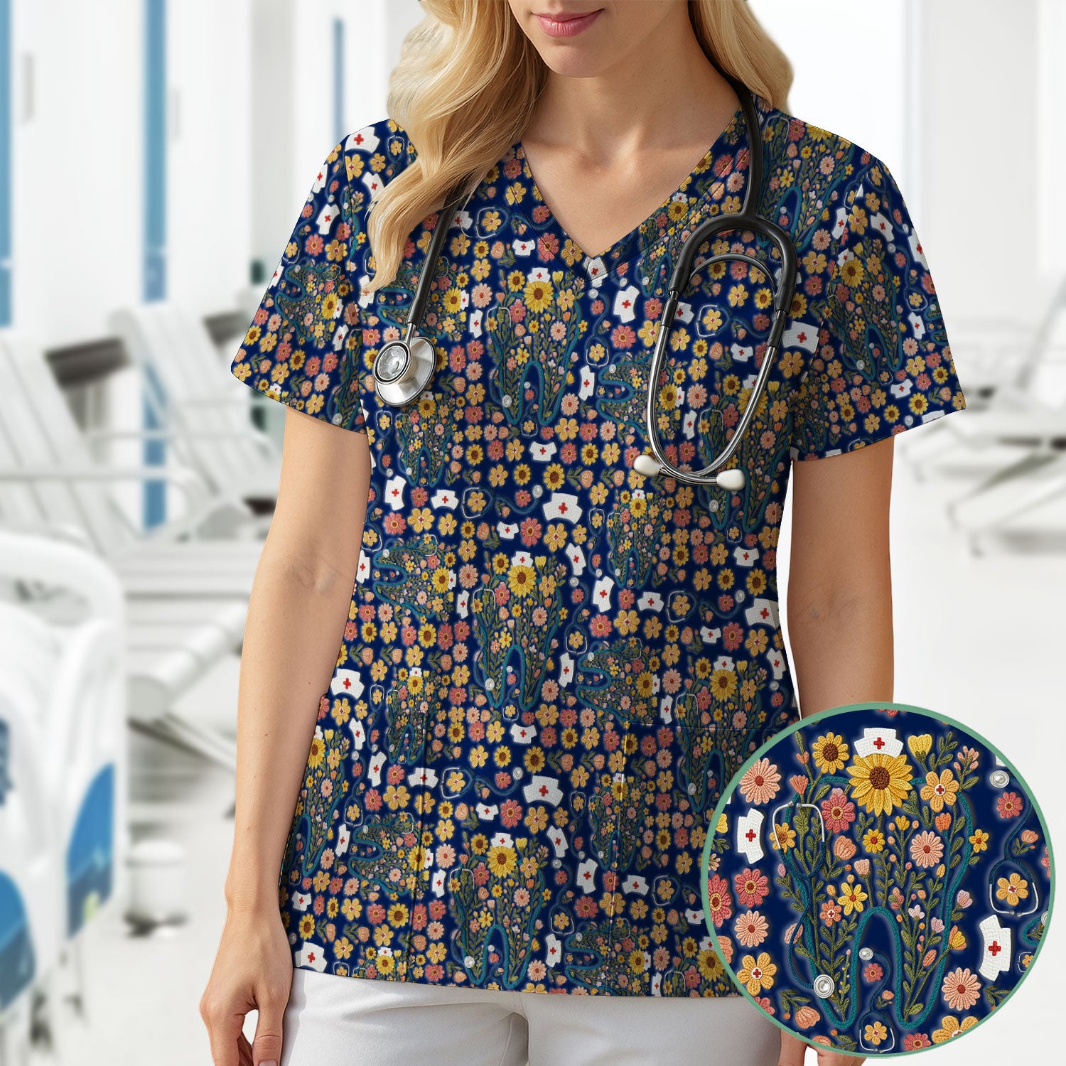 Boho Floral Tooth Scrub Top - Aesthetic Dental Scrubs for Women - Cute Flower Tooth Pattern Medical Uniform - Hygienist Christmas Gift