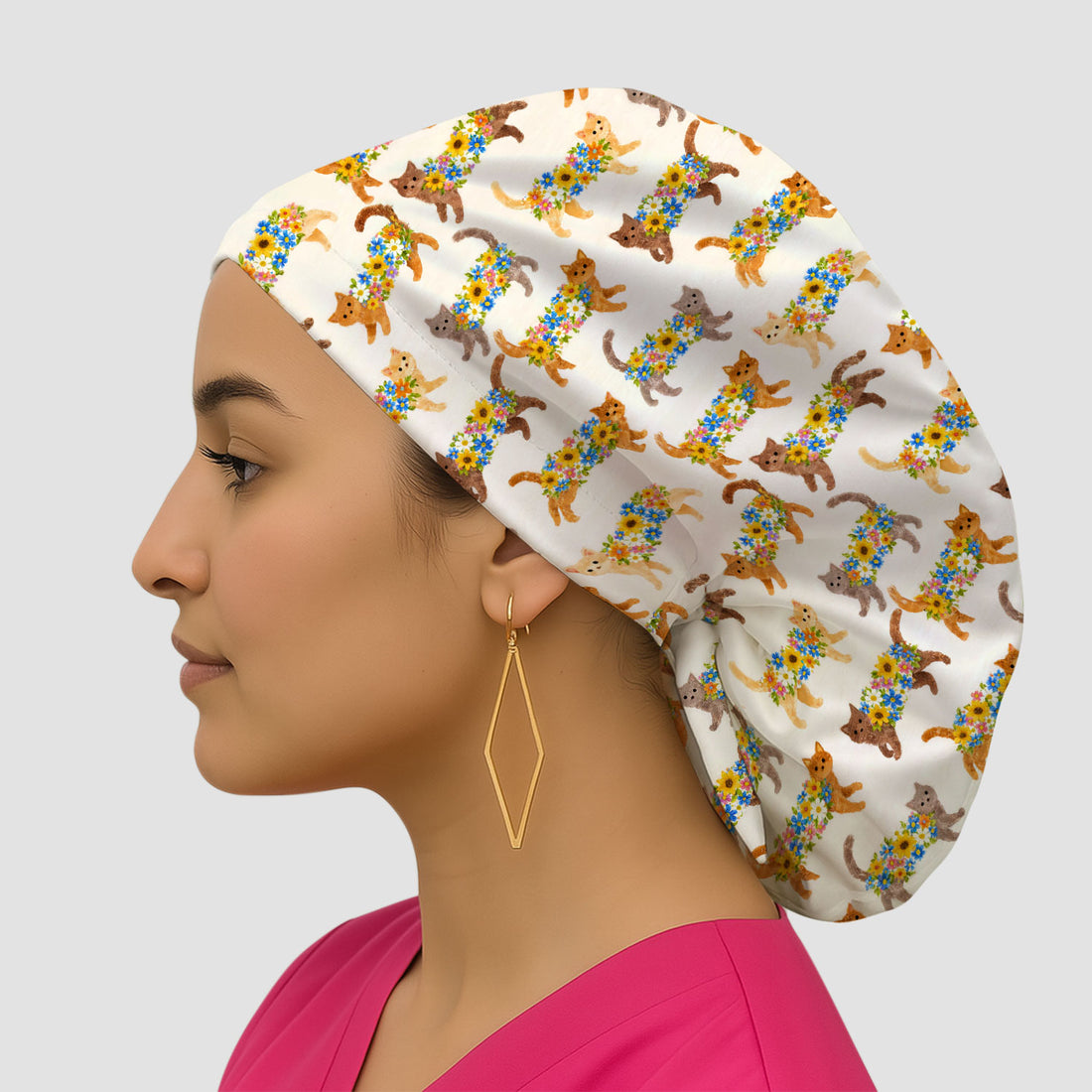 Cute Flower Filled Cat Pattern Pattern Scrub Cap, Breathable Fabrics Caps Uniform