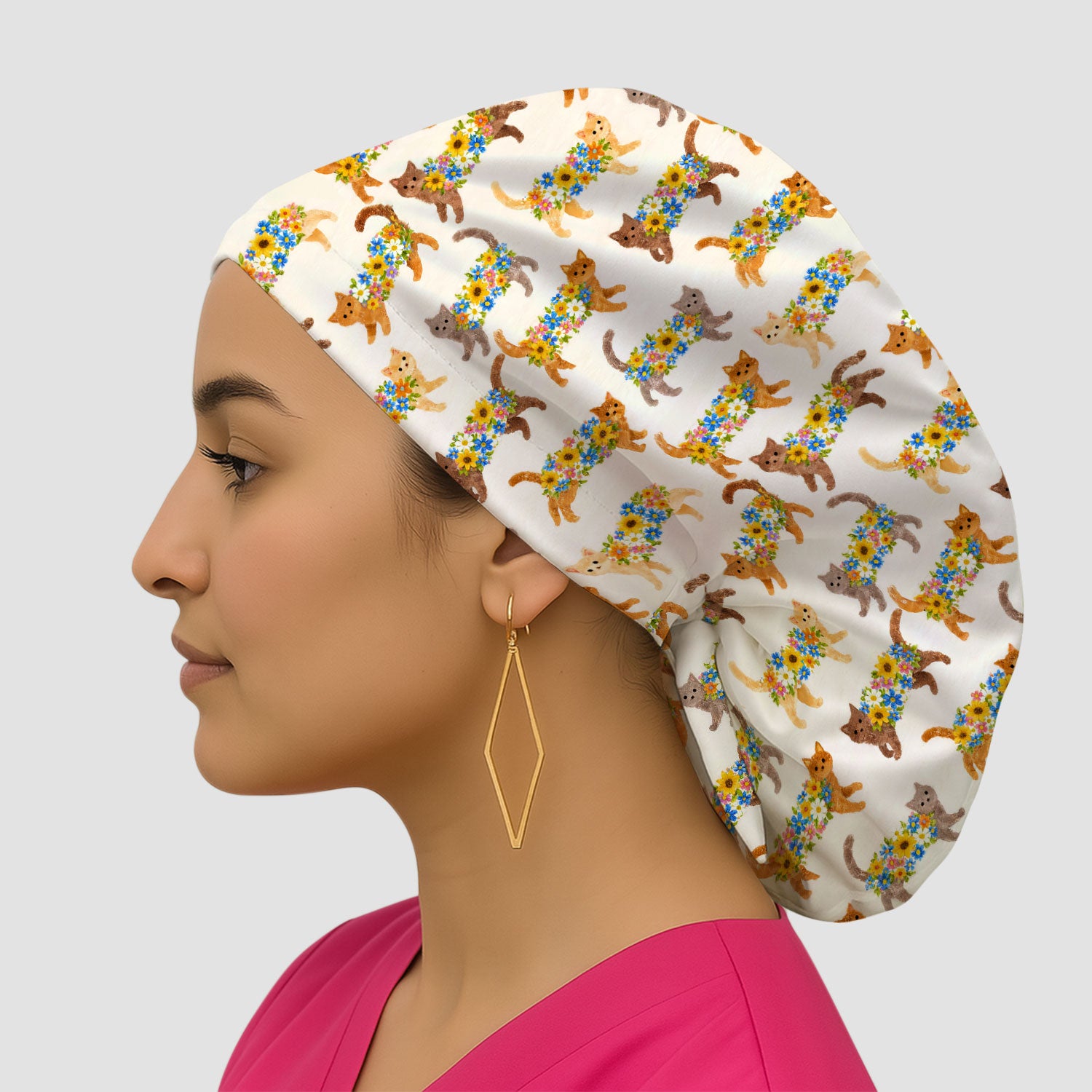 Cute Flower Filled Cat Pattern Pattern Scrub Cap, Breathable Fabrics Caps Uniform