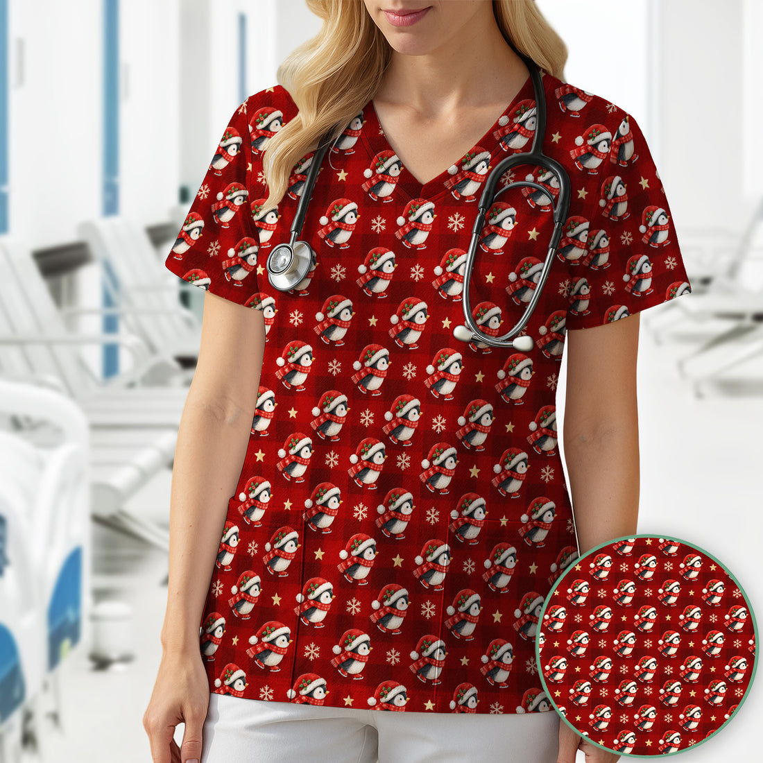 Cute Christmas Ice Skating Penguin Scrub Top, Comfortable Scrubs for Nurses