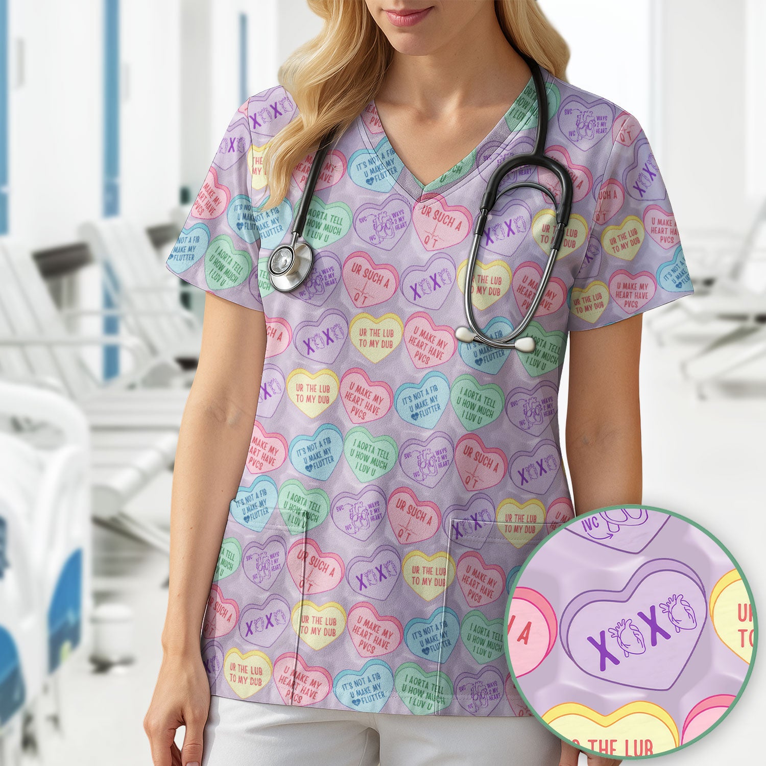 Medical Candy Heart Valentine Pattern Scrub Top, Fun Medical Pattern, Comfortable Scrubs for Nurses