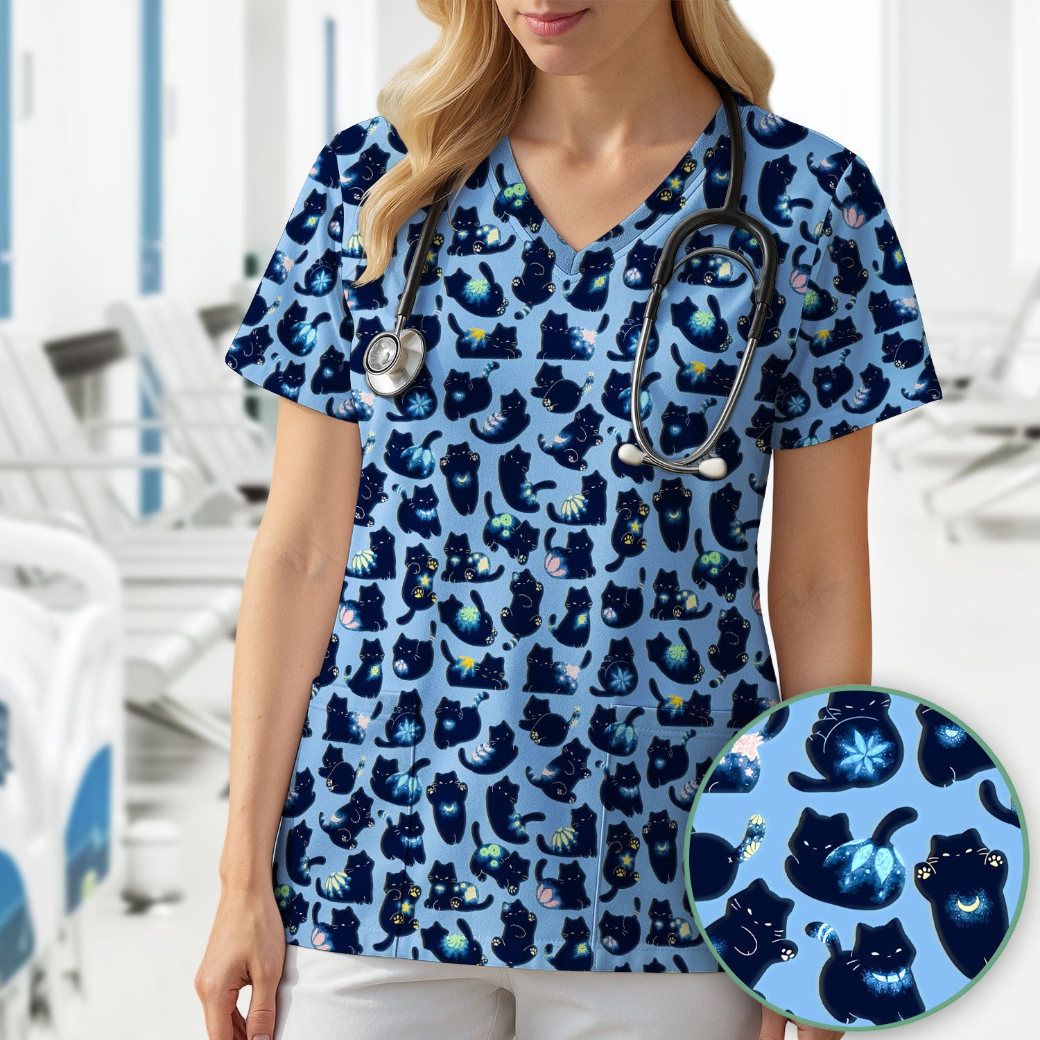 Midnight Cat Scrub Top, Black Cat Pattern Nurse Shirt, Breathable Fabrics Nursing Uniform