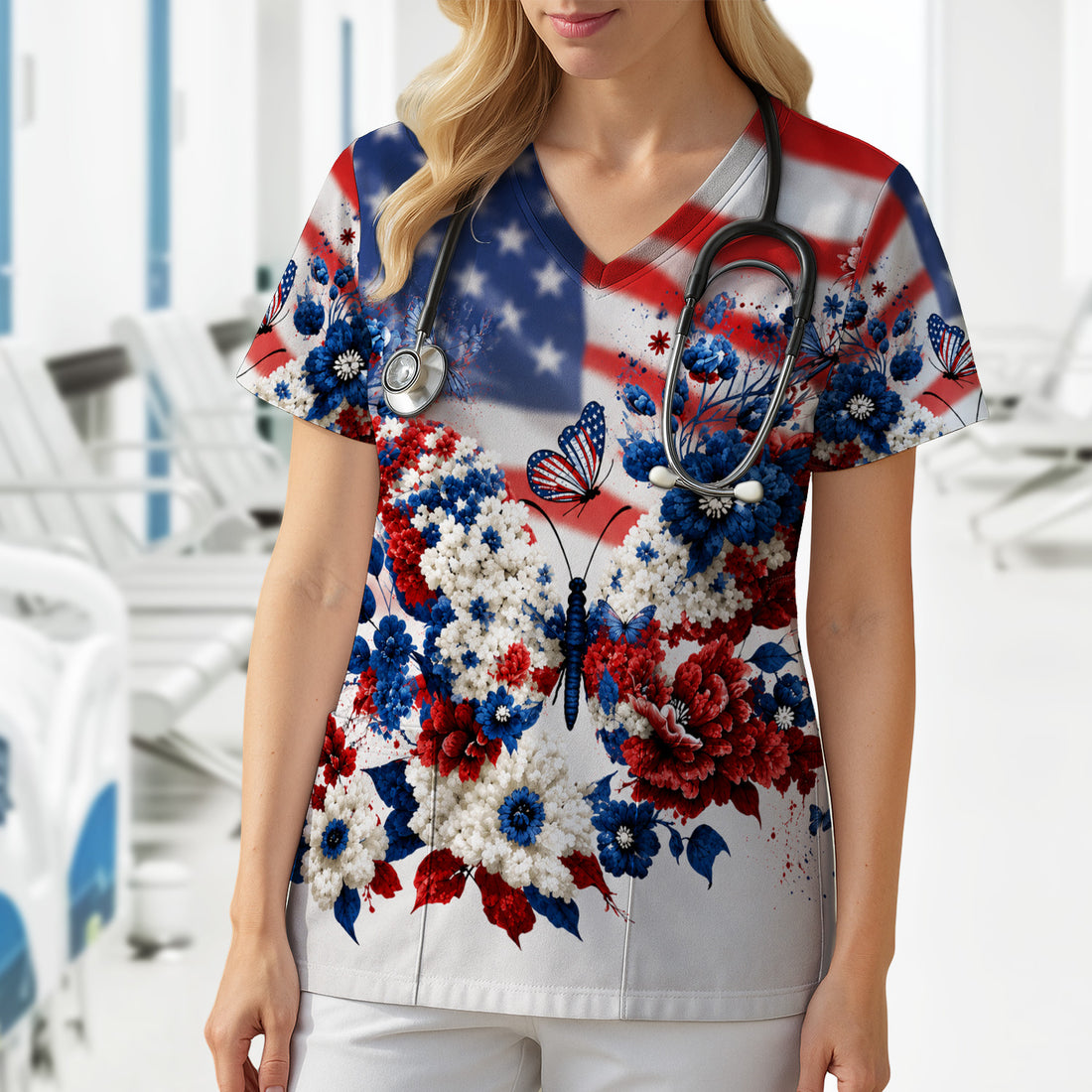 Patriotic Butterfly with Floral Print Scrub Top, Comfortable Scrubs for Nurses