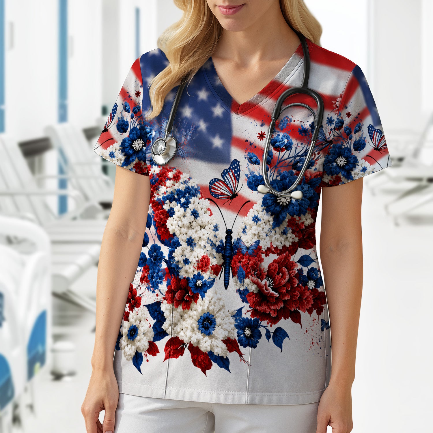 Patriotic Butterfly with Floral Print Scrub Top, Comfortable Scrubs for Nurses