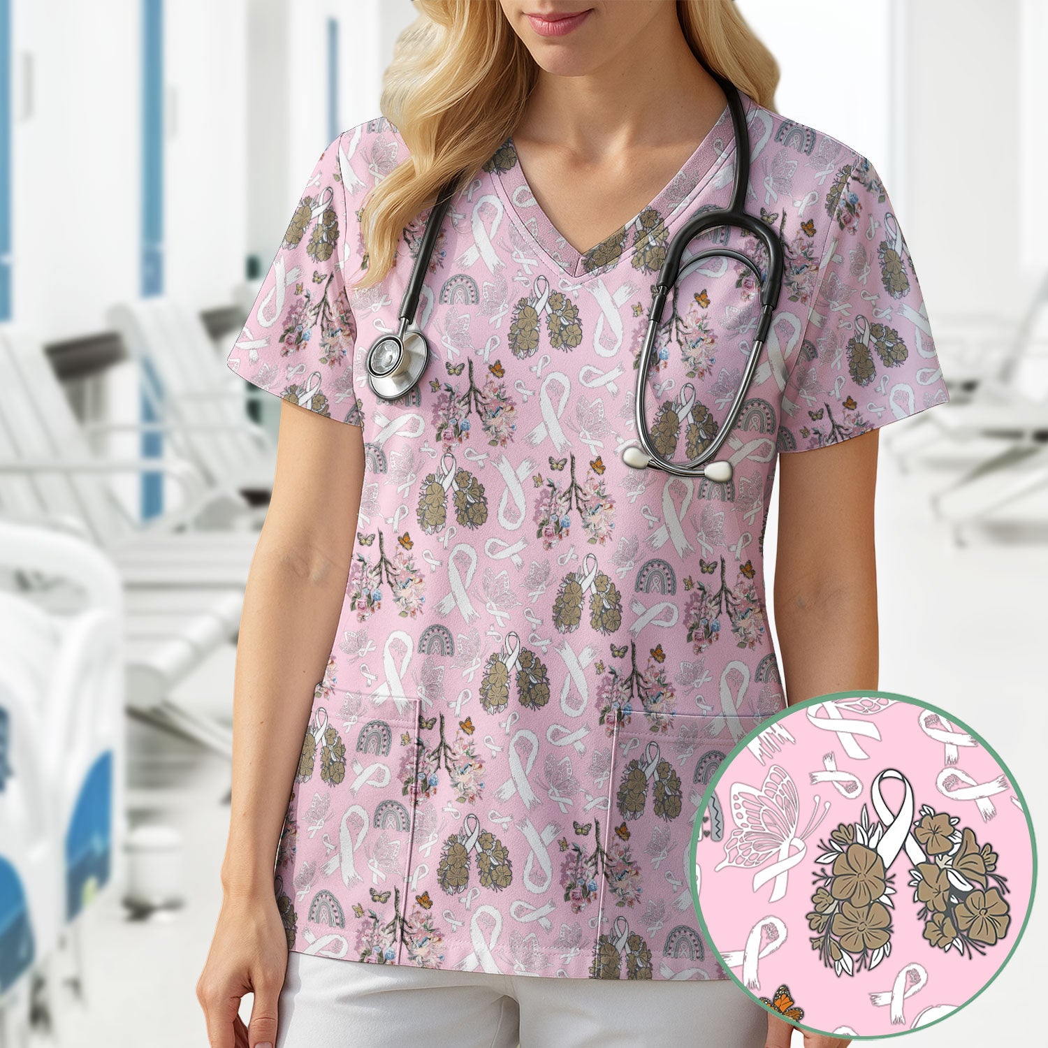 Lung Cancer Awareness Nurse Scrub Top - White Ribbon Butterfly Floral Medical Uniform - Comfortable V-Neck Nursing Shirt Gift