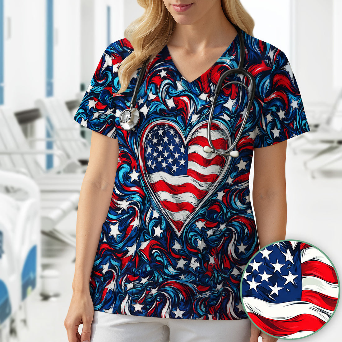 American Flag Heart Pattern Scrub Top, Comfortable Scrubs for Nurses