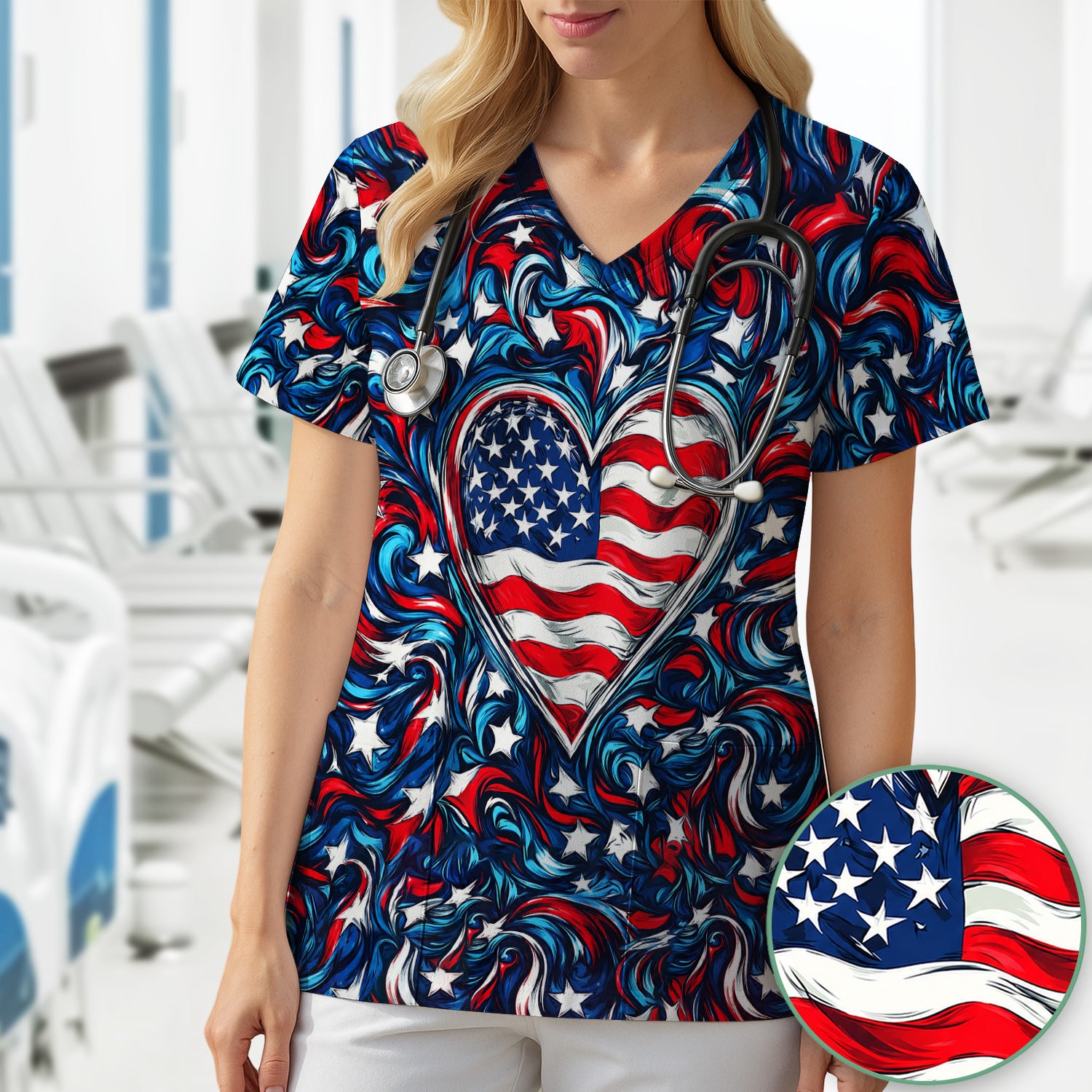 American Flag Heart Pattern Scrub Top, Comfortable Scrubs for Nurses