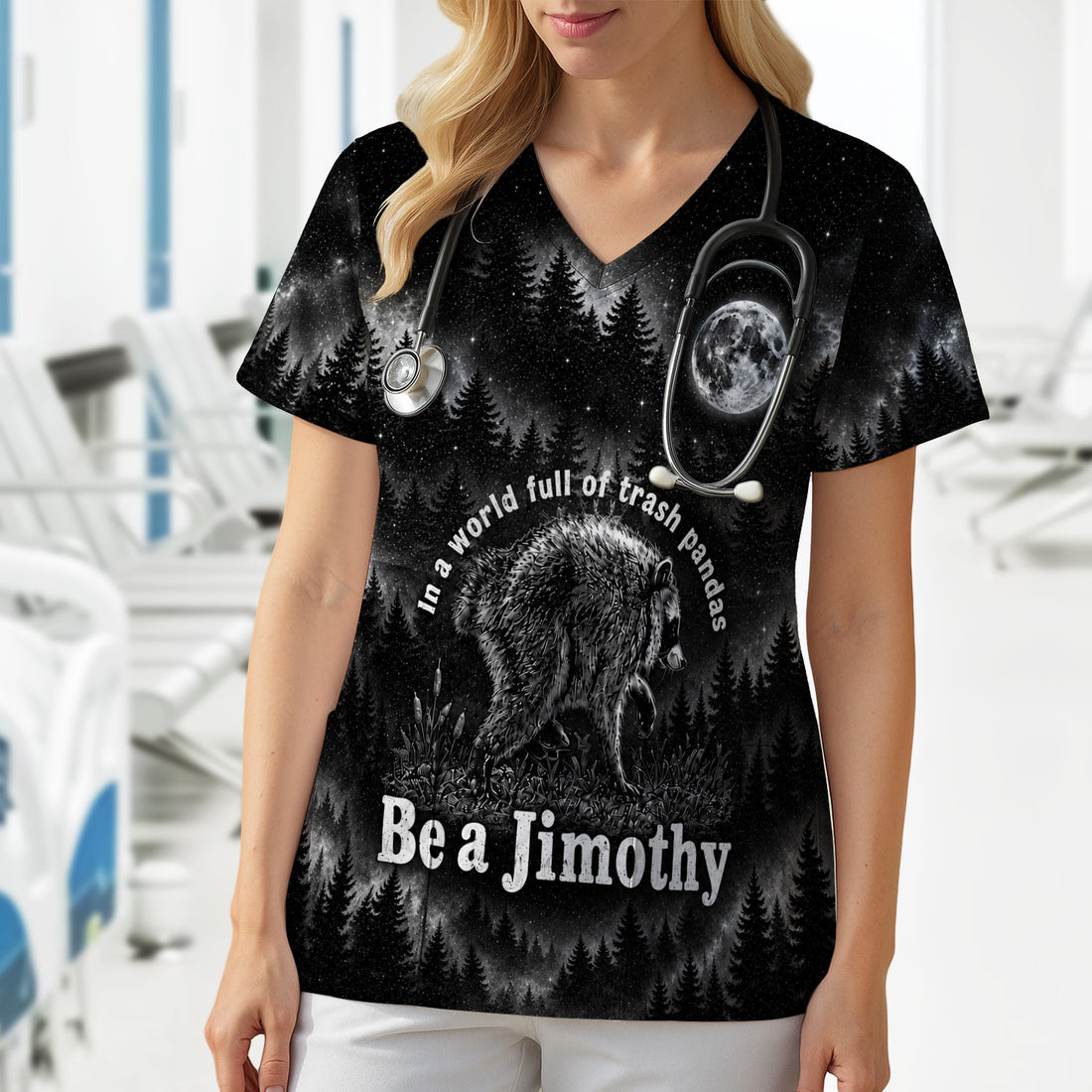 Funny Be A Jimothy Raccoon Print Scrub Top, Comfortable Scrubs for Nurses