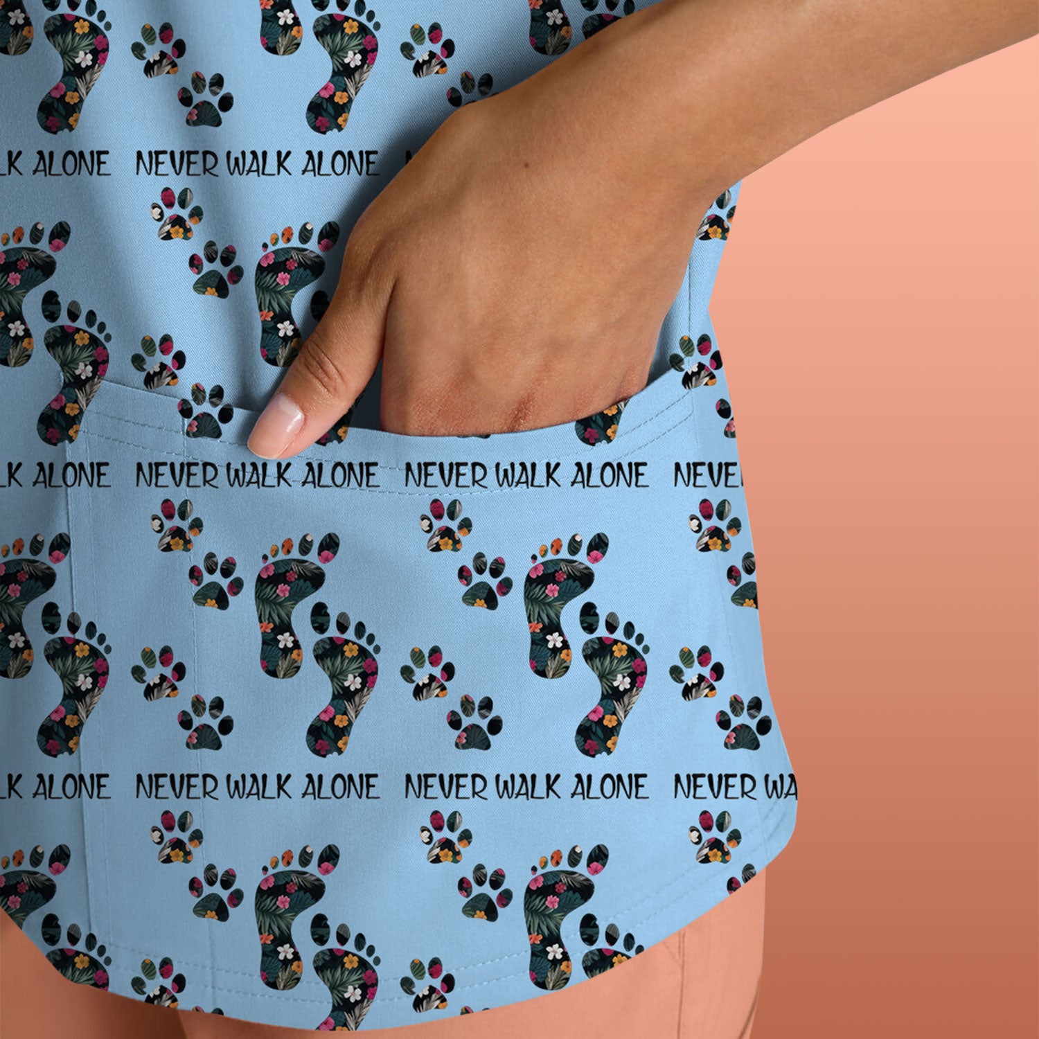 Never Walk Alone Scrub Top, Floral Paw Print Medical Scrub Shirt for Nurses, Vet Techs And Healthcare Workers