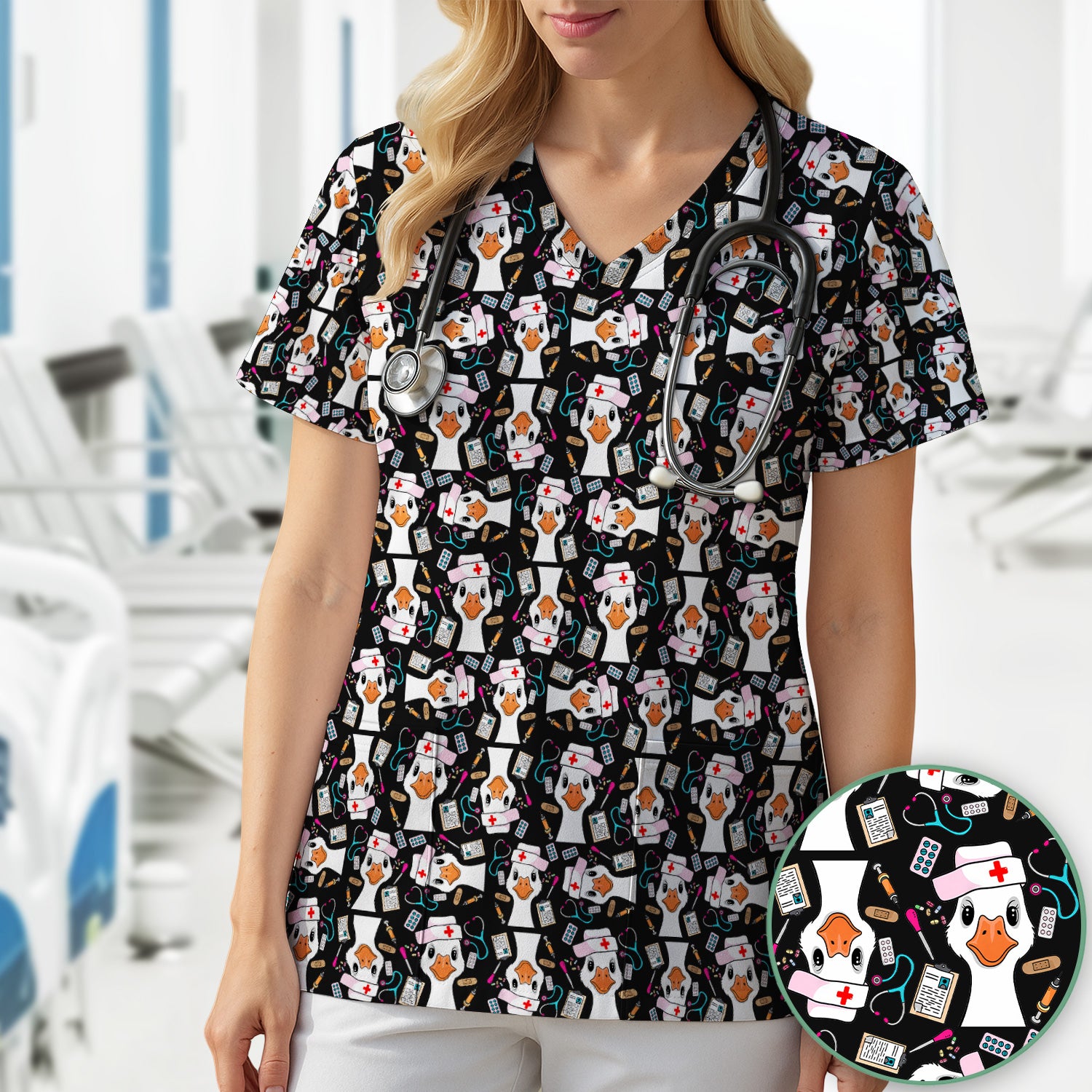 Duck Wearing Hat With Medical Tools Scrub Top, Breathable Fabrics Nursing Uniform