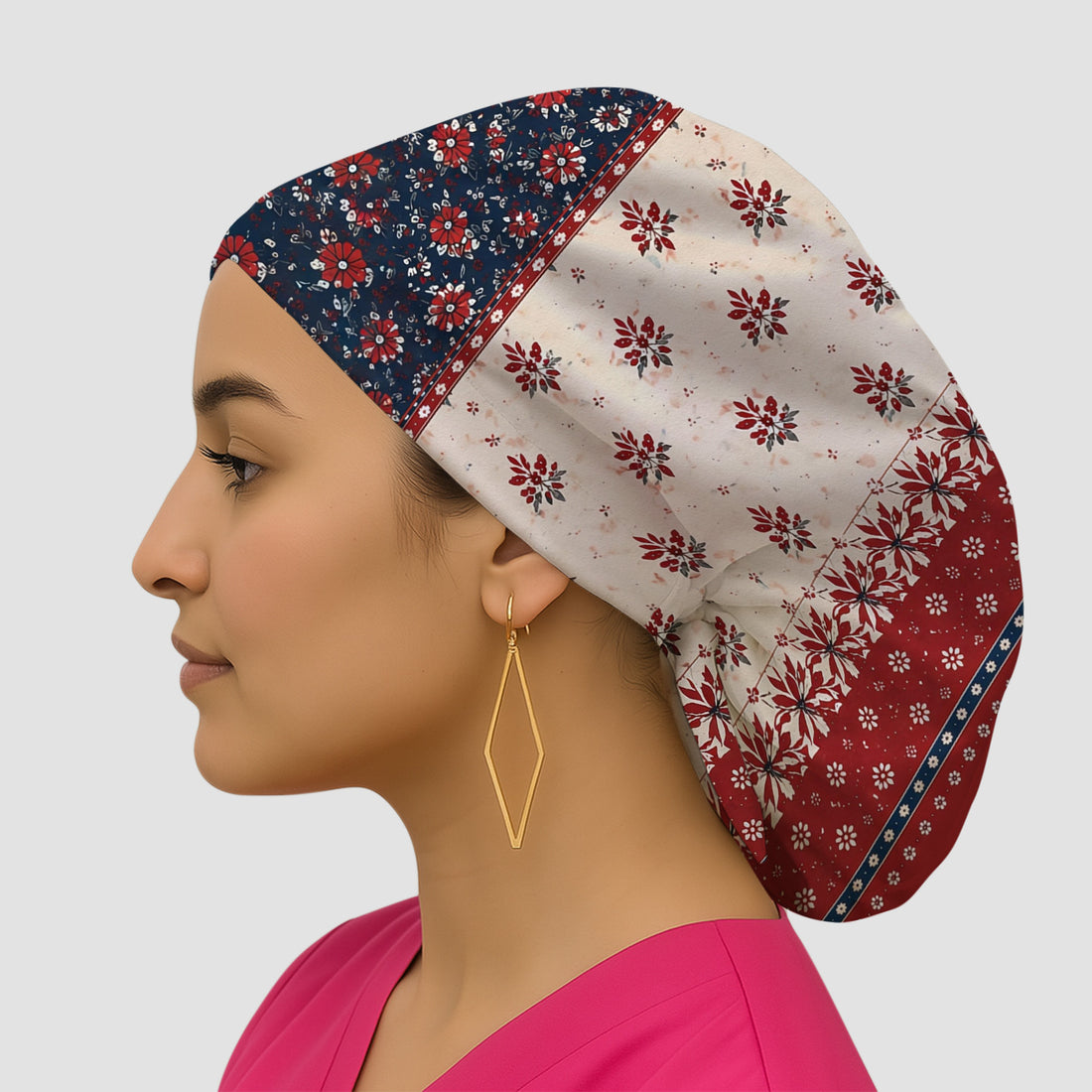 Vintage Floral Border Red Blue Pattern Nurse Scrub Cap, Surgical Caps for Doctors