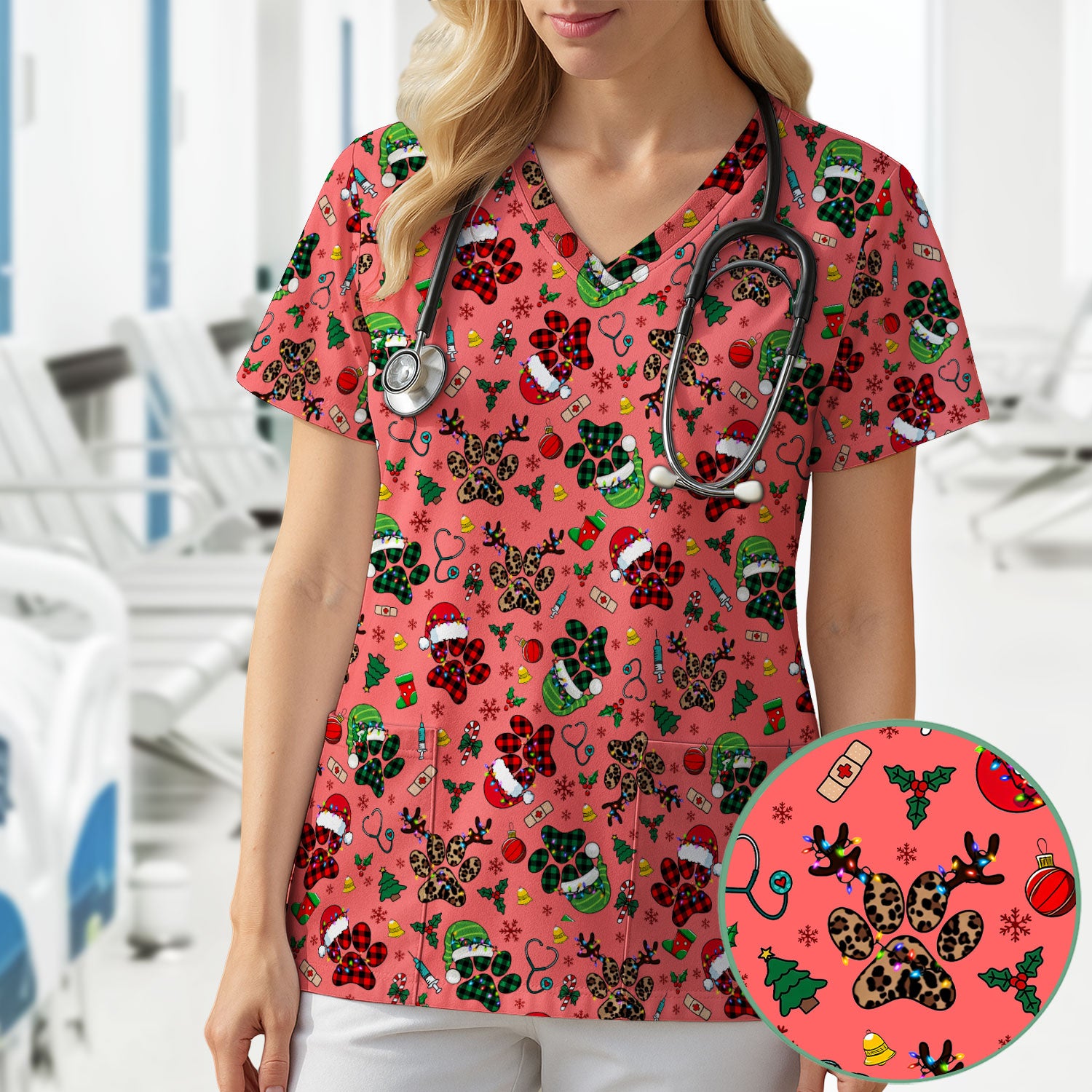 Christmas Paw Print Scrub Top for Nurses - Cute Leopard Holiday Pattern - Funny Festive Medical Uniform Gift