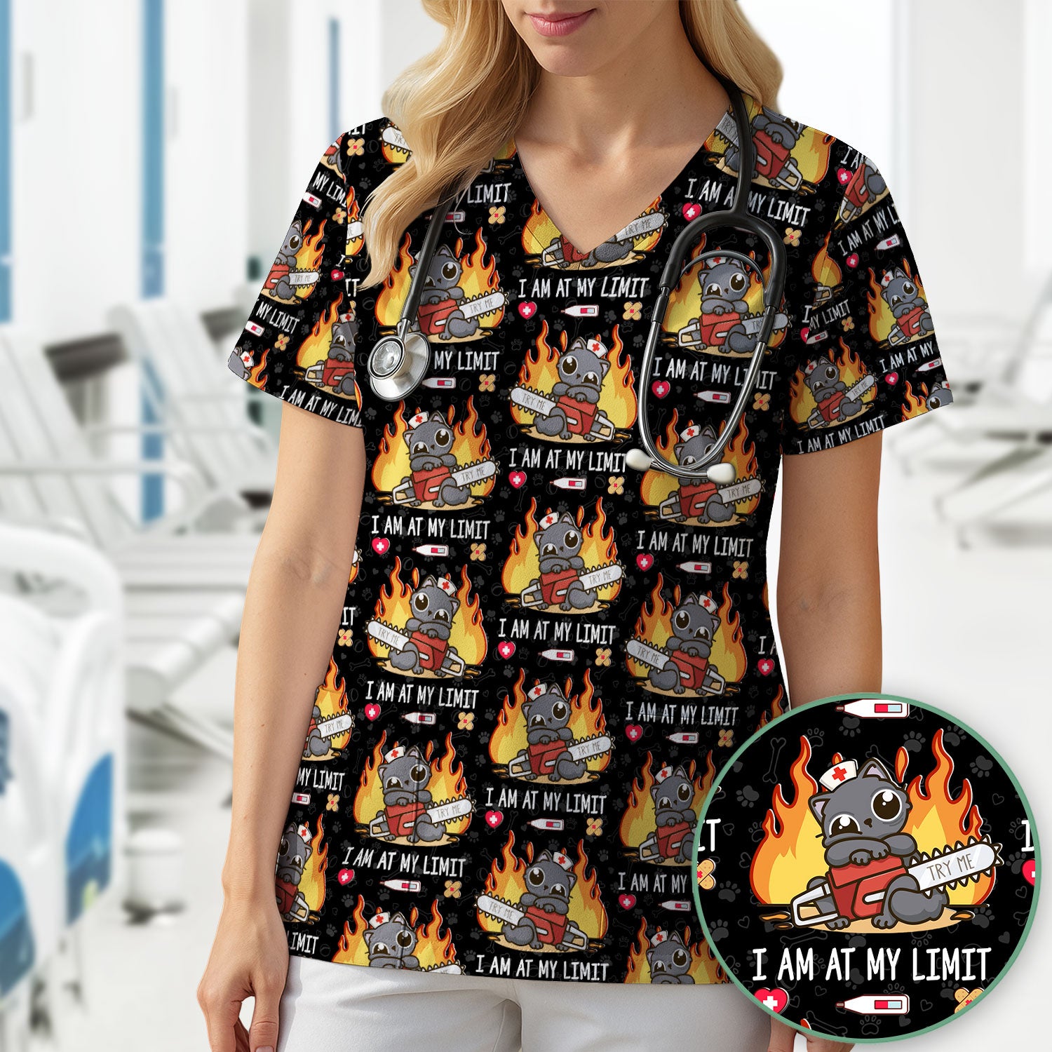 Funny Nurse Cat I Am At My Limit Scrub Top, Comfortable Scrubs for Nurses