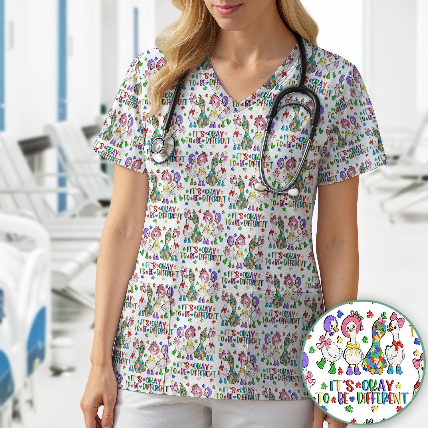 It’s Okay To Be Different Duck Pattern Scrub Top, Comfortable Scrubs For Nurses