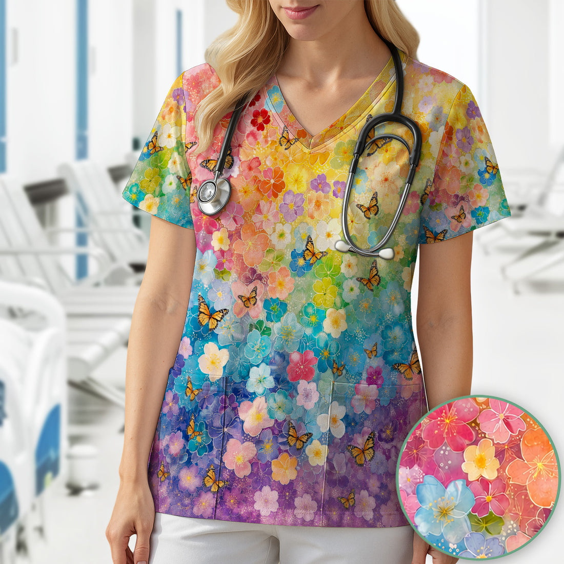 Rainbow Butterfly Floral Blossom Pattern Scrub Top, Comfortable Scrubs for Nurses
