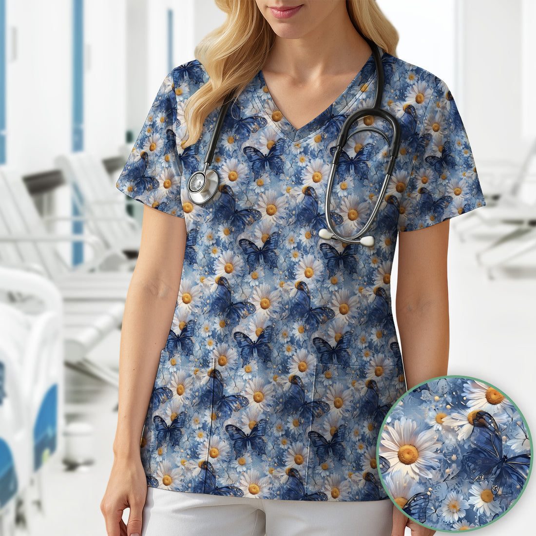 Blue Daisy Butterfly Print Scrub Top, Comfortable Scrubs for Nurses