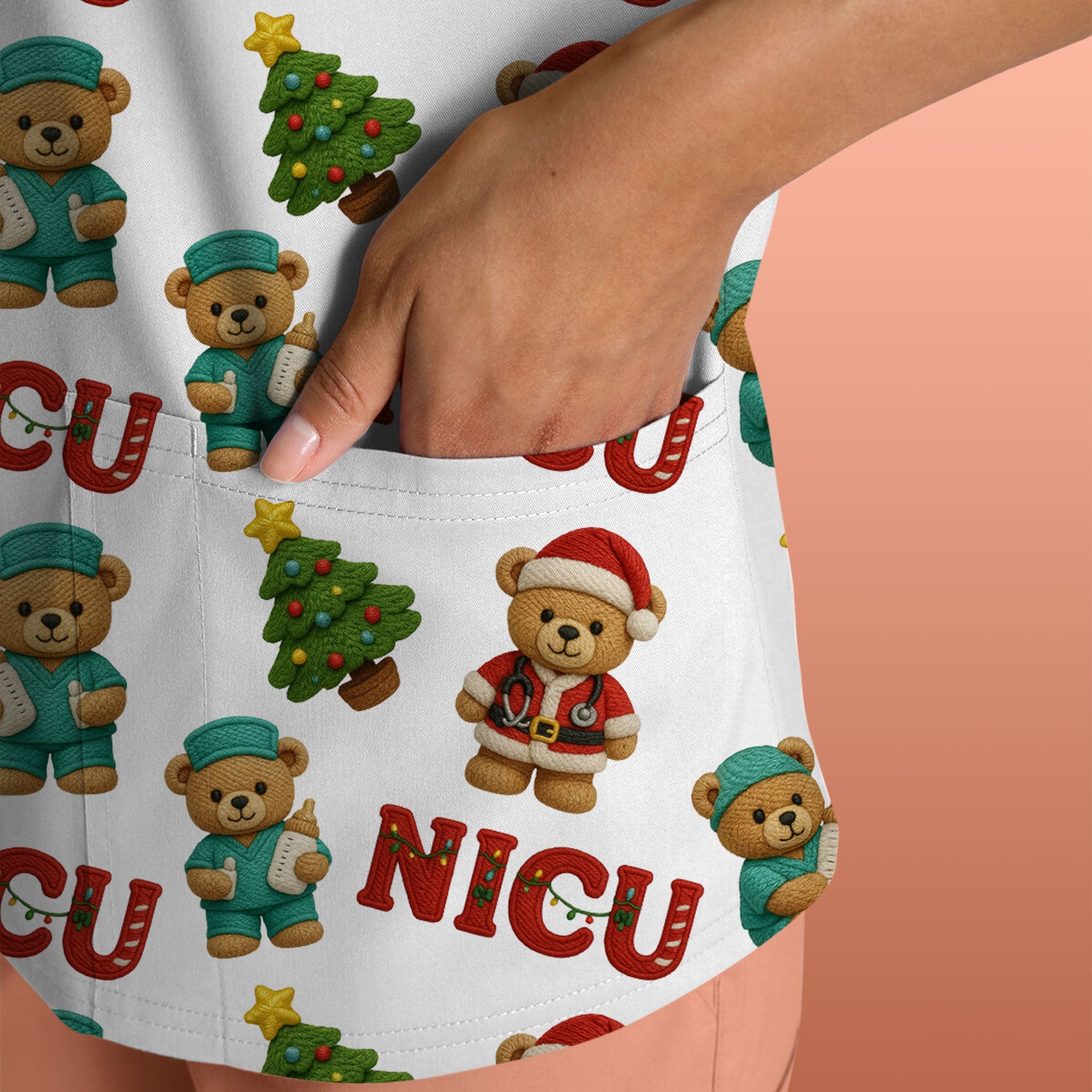 Festive Christmas NICU Nurse Teddy Bear Pattern, Breathable Fabrics Nursing Uniform