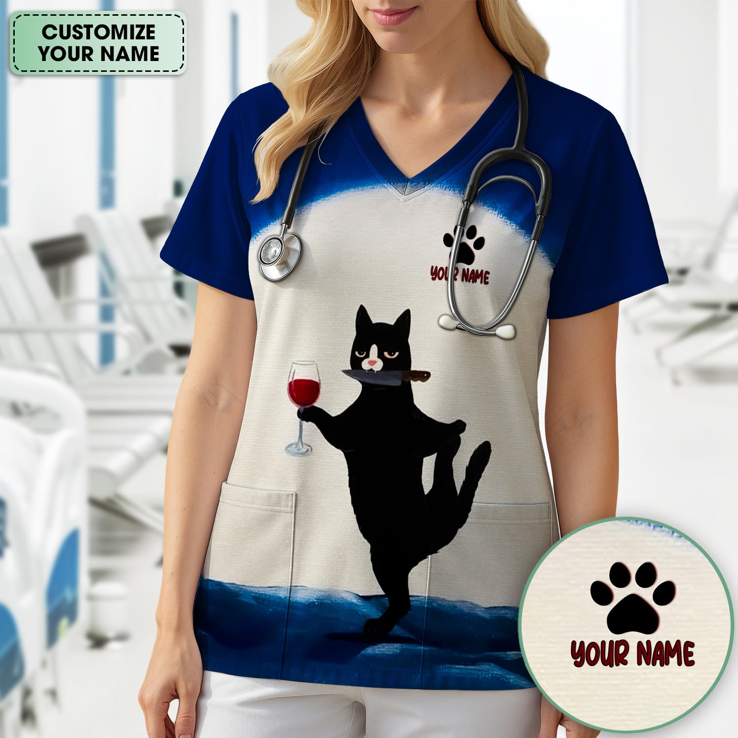 Personalized Funny Cat Holding Wine Glass Knife Pose Pattern Scrub Top, Comfortable Scrubs for Nurses