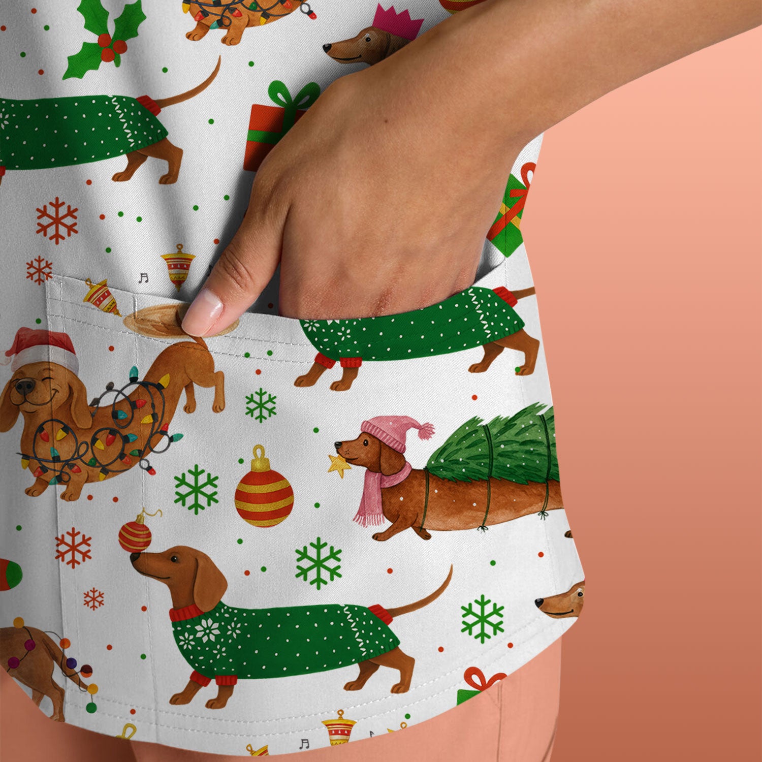 Christmas Dachshund Scrub Top - Funny Dog Scrub Shirt Multi Color - Holiday Medical Scrubs Gift for Nurse, CNA, RN, Doctor, Vet