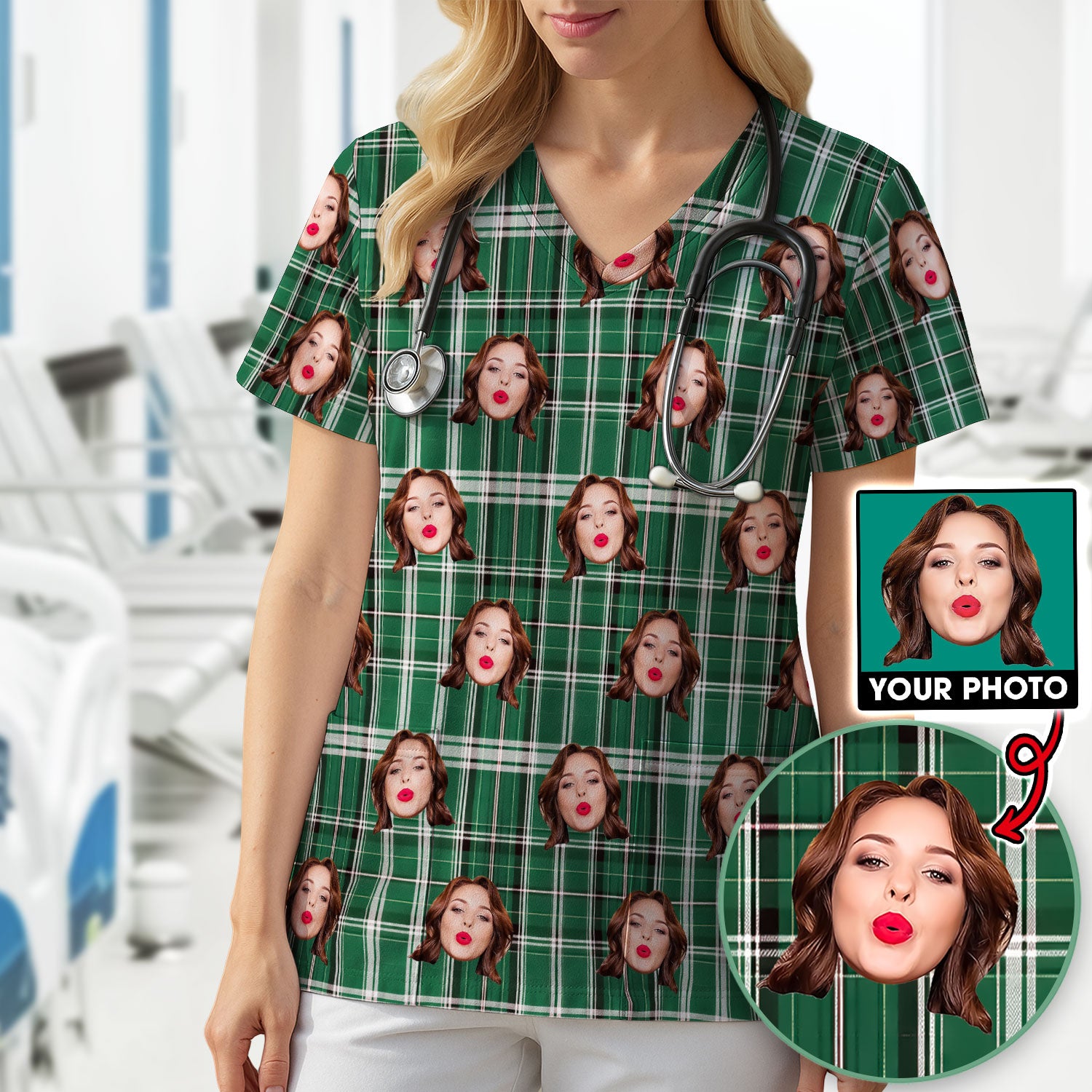 Personalized Funny Face Plaid Scrub Top, Custom Photo Pattern Medical Shirt, Breathable Fabrics Nursing Uniform