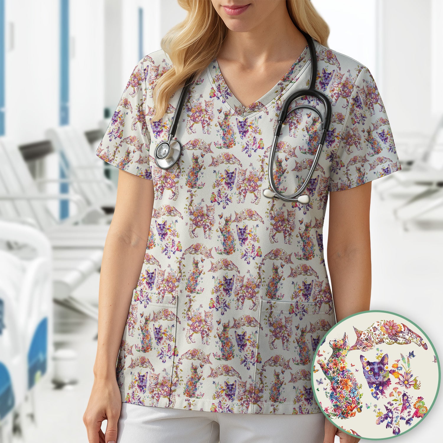 Whimsical Floral Cat Garden Pattern Scrub Top, Comfortable Scrubs for Nurses
