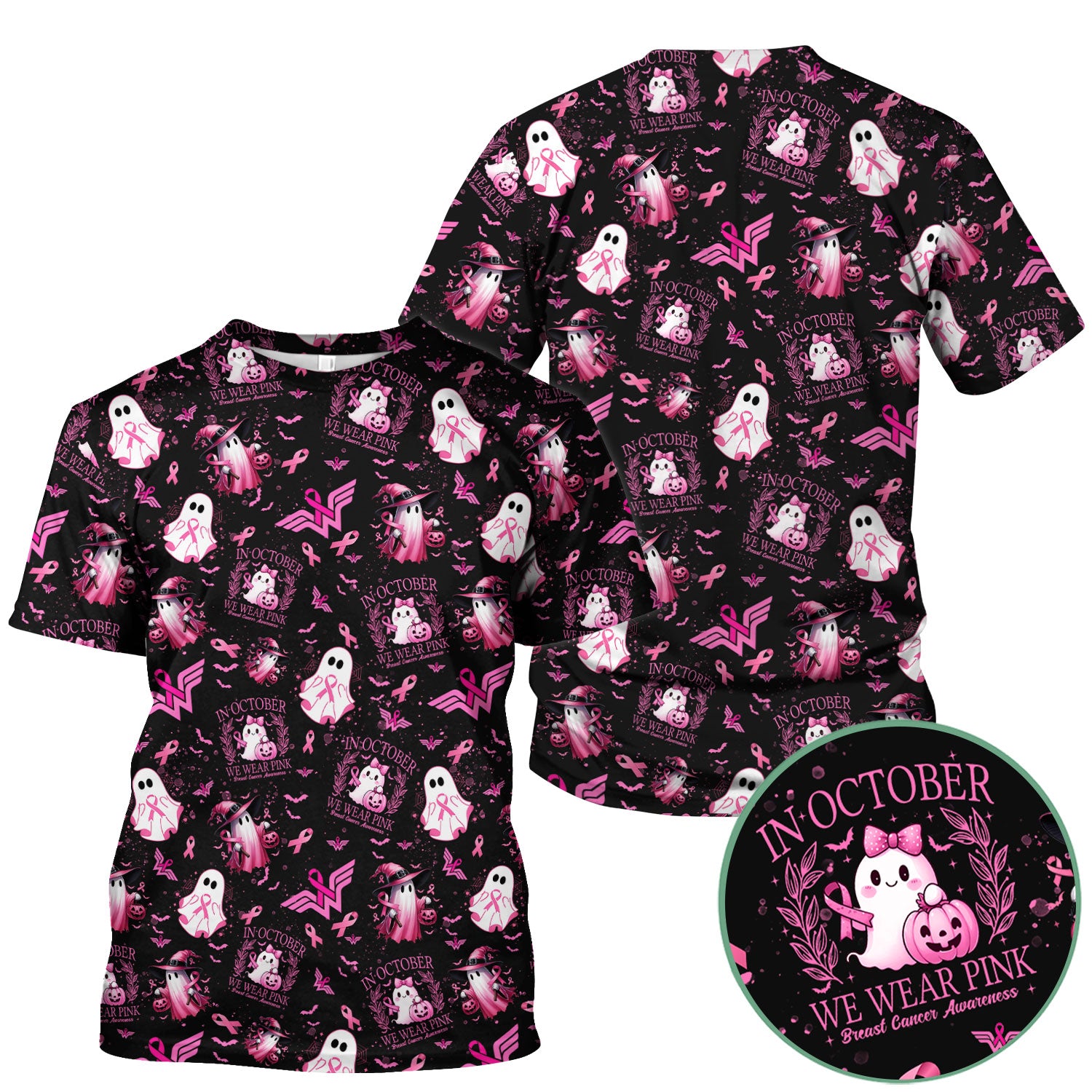 Pink Halloween Scrub Top for Nurses - In October We Wear Pink Breast Cancer Awareness Shirt - Cute Ghost Witch Gift for RN CNA LPN