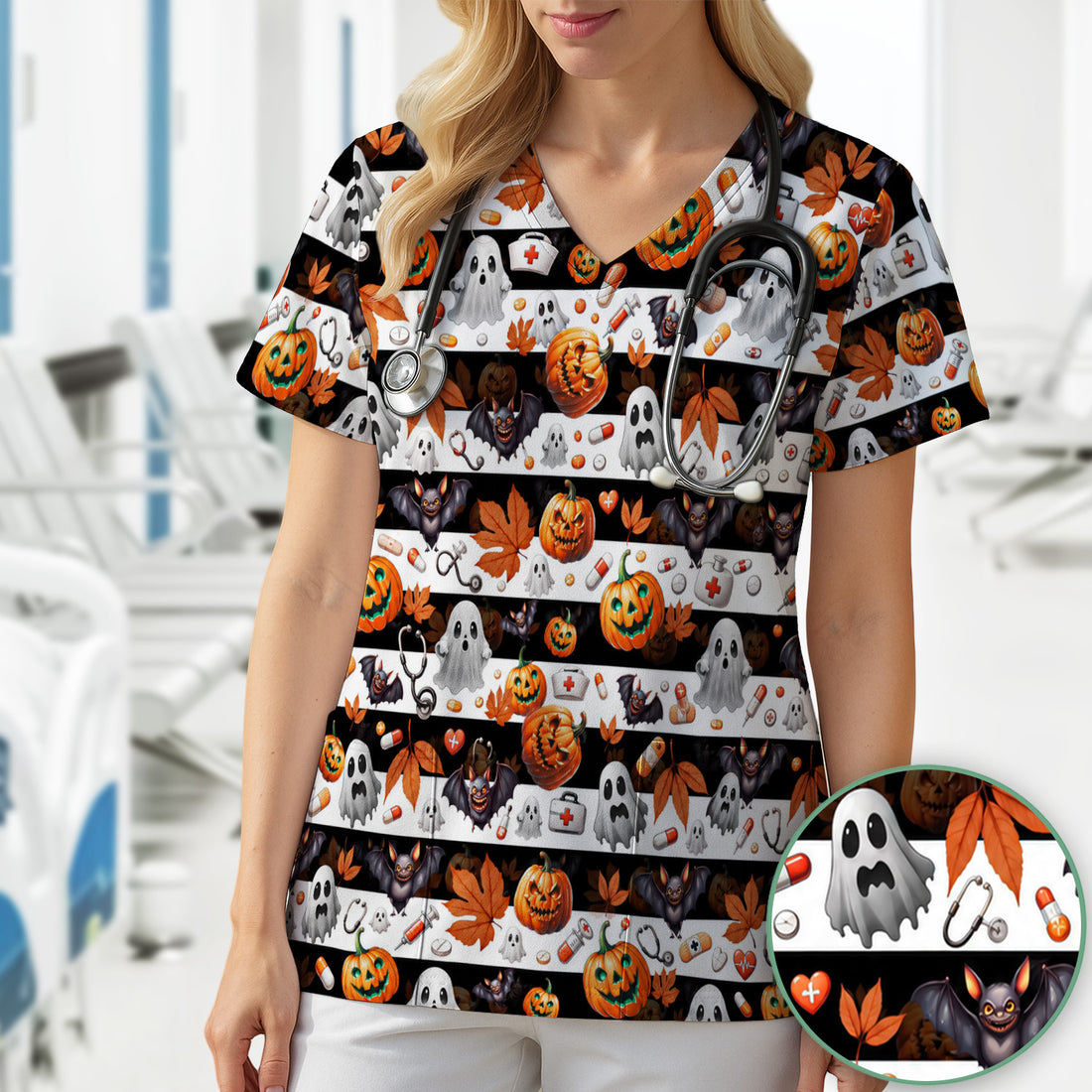 Halloween Ghost And Medical Icons Scrub Top, Comfortable Scrubs for Nurses