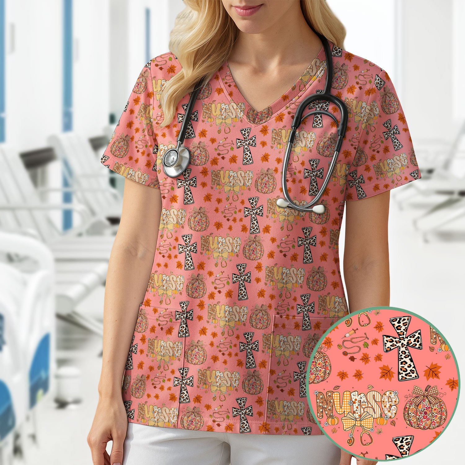 I Will Praise Him In Every Season - Boho Pumpkin Leopard Cross Fall Scrub Top for Nurse - Thanksgiving Med Uniform for Women