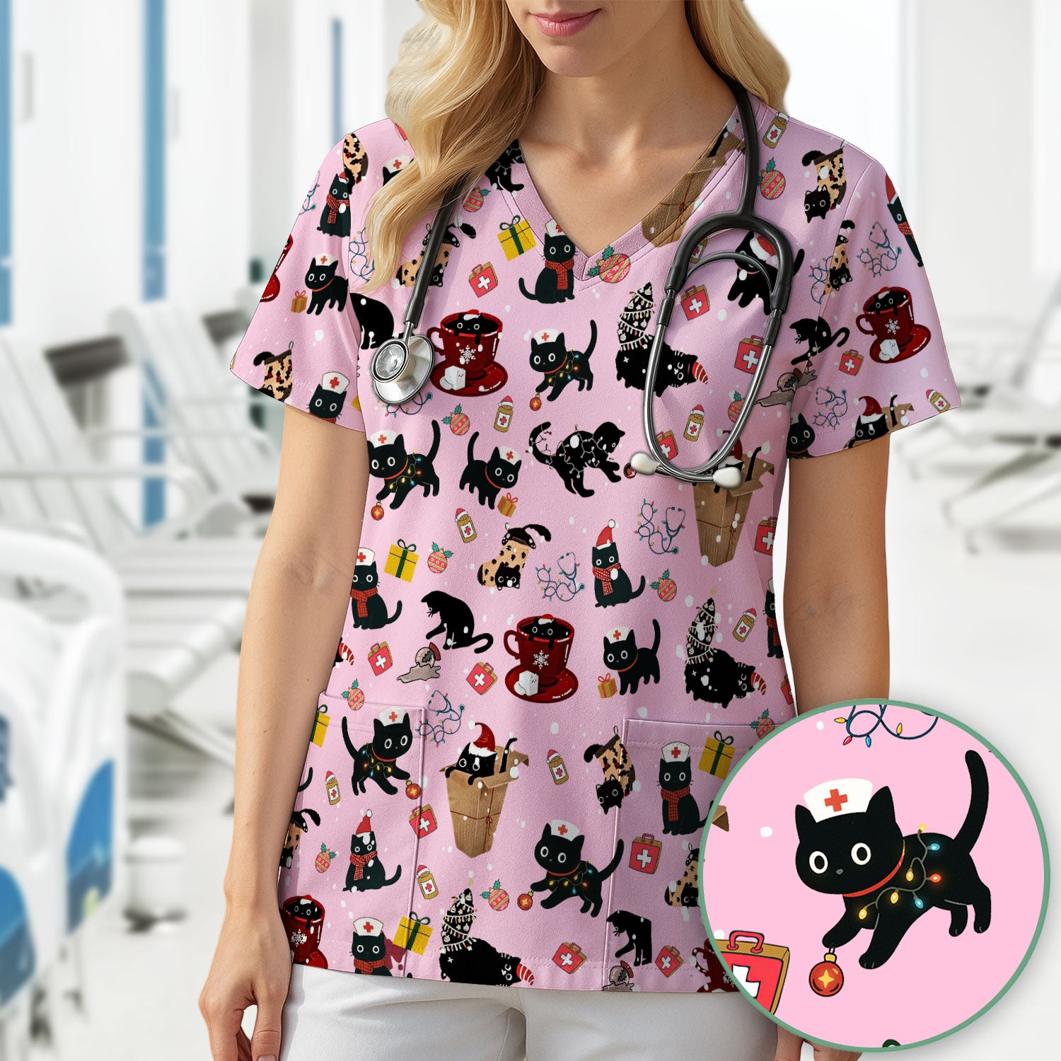 Christmas Cat Scrub Top for Nurse - Funny Black Cats Shirt - Cute Holiday Medical Uniform for Women