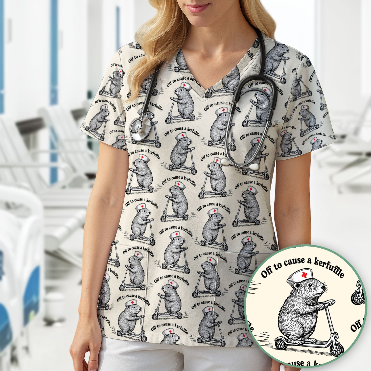 Funny Nurse Mouse Scooter Print Scrub Top, Comfortable Scrubs for Nurses