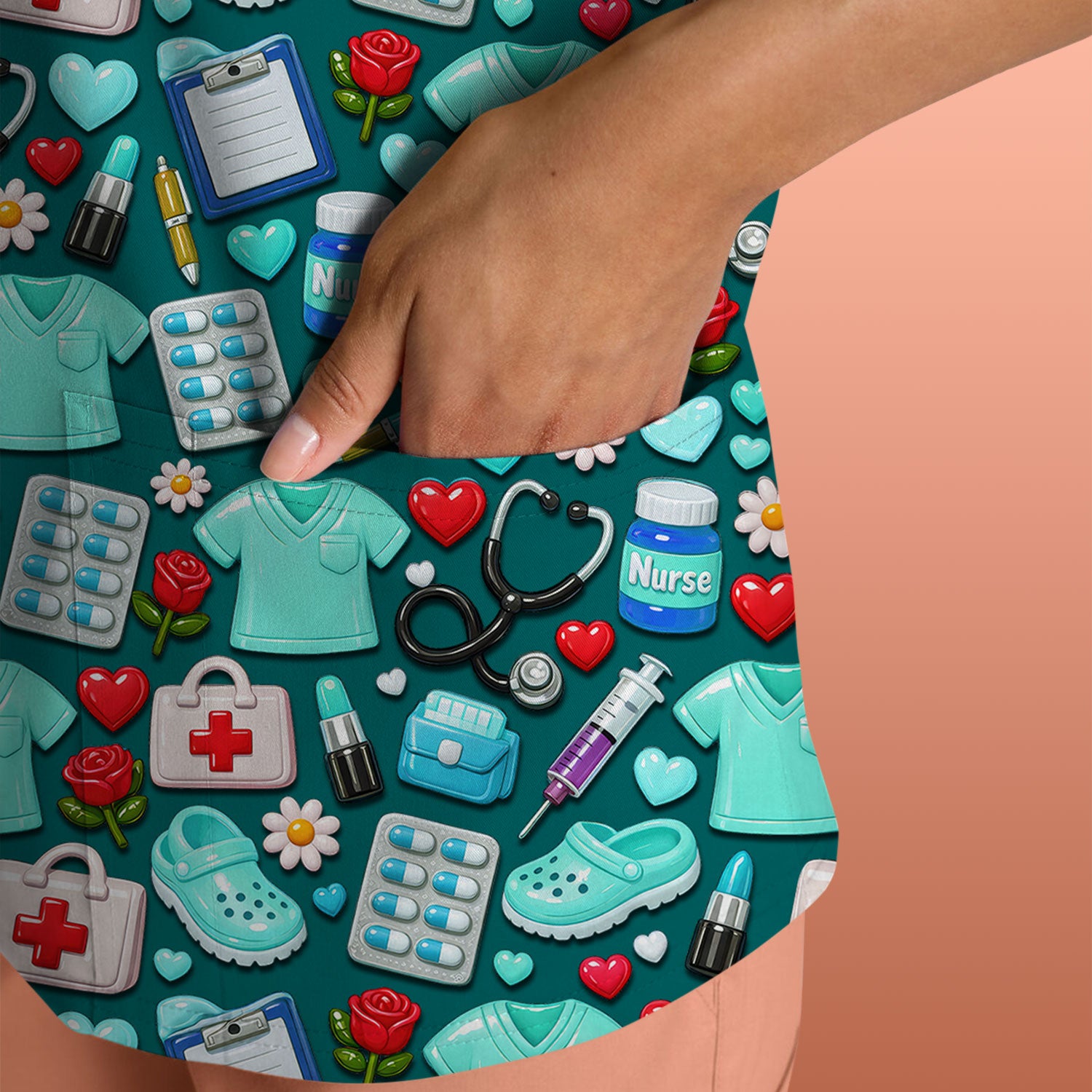 Medical Icons Scrub Top, Cute Pattern Nurse Shirt, Breathable Fabrics Nursing Uniform