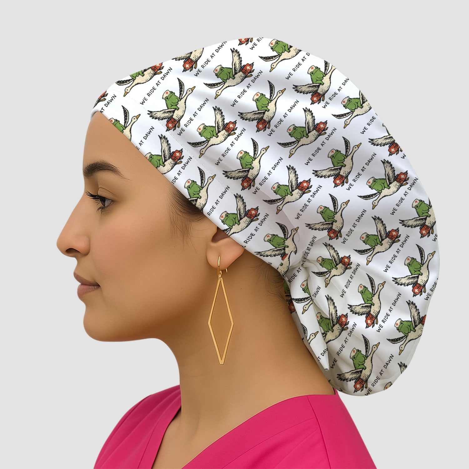 Funny Frog Riding Goose Nurse Pattern Cap, Bouffant Scrub Caps for Women