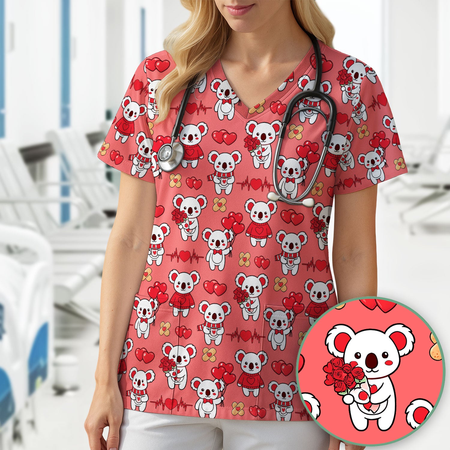 Sweet Koala Valentine Medical Design Scrub Top, Comfortable Scrubs for Nurses