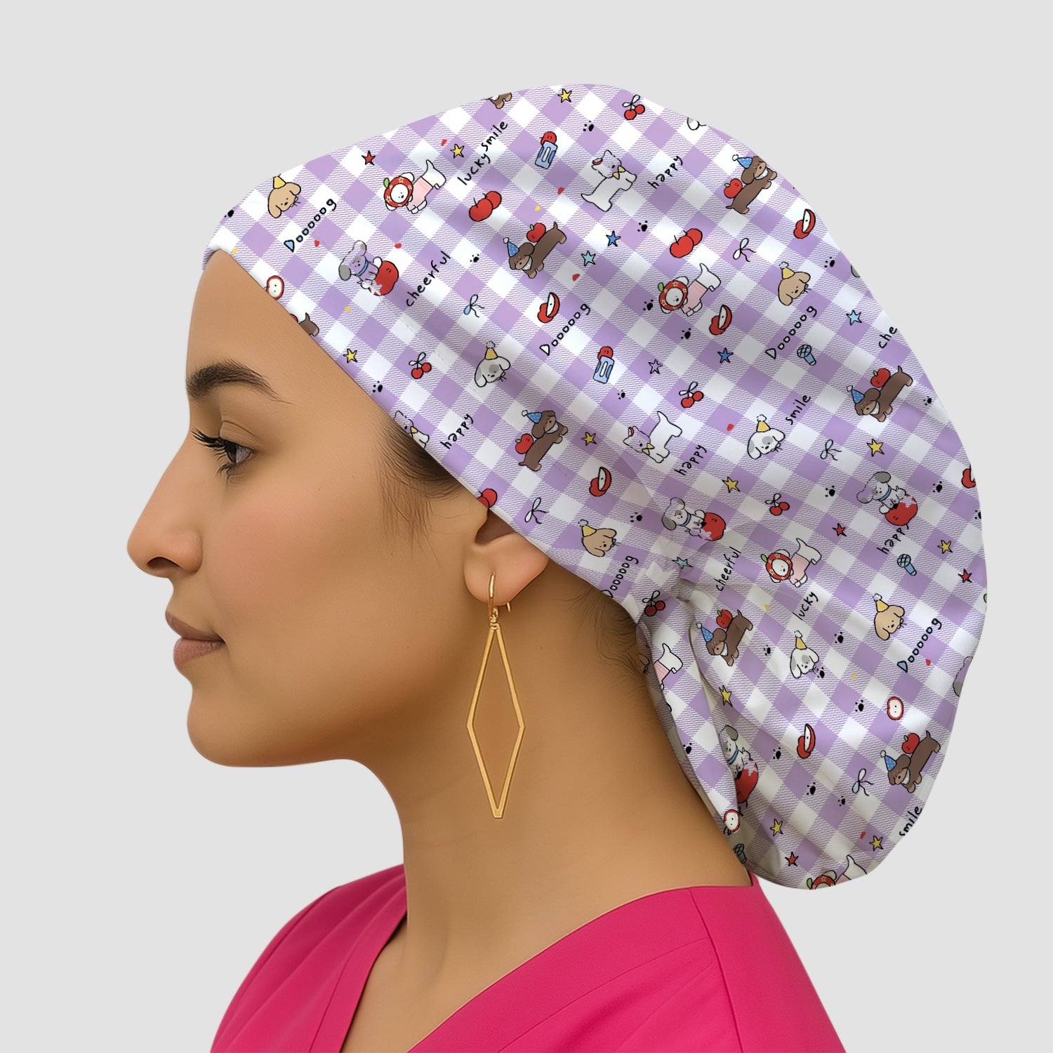 Cute Nurse Cartoon Puppy Apple Gingham Scrub Cap, Surgical Caps for Doctors