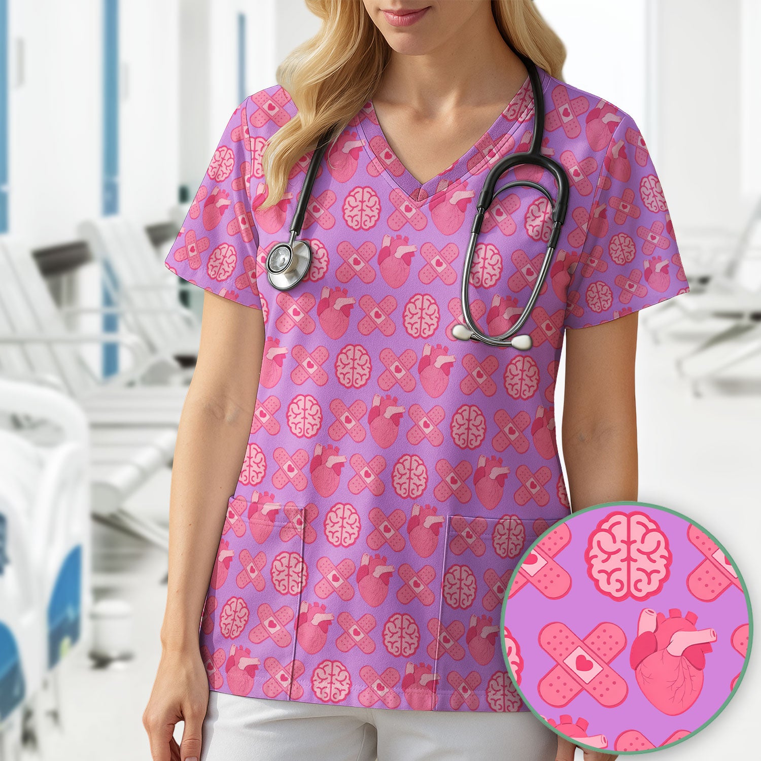 Heart & Brain Medical Icon Pattern Scrub Top, Breathable Fabrics Nursing Uniform