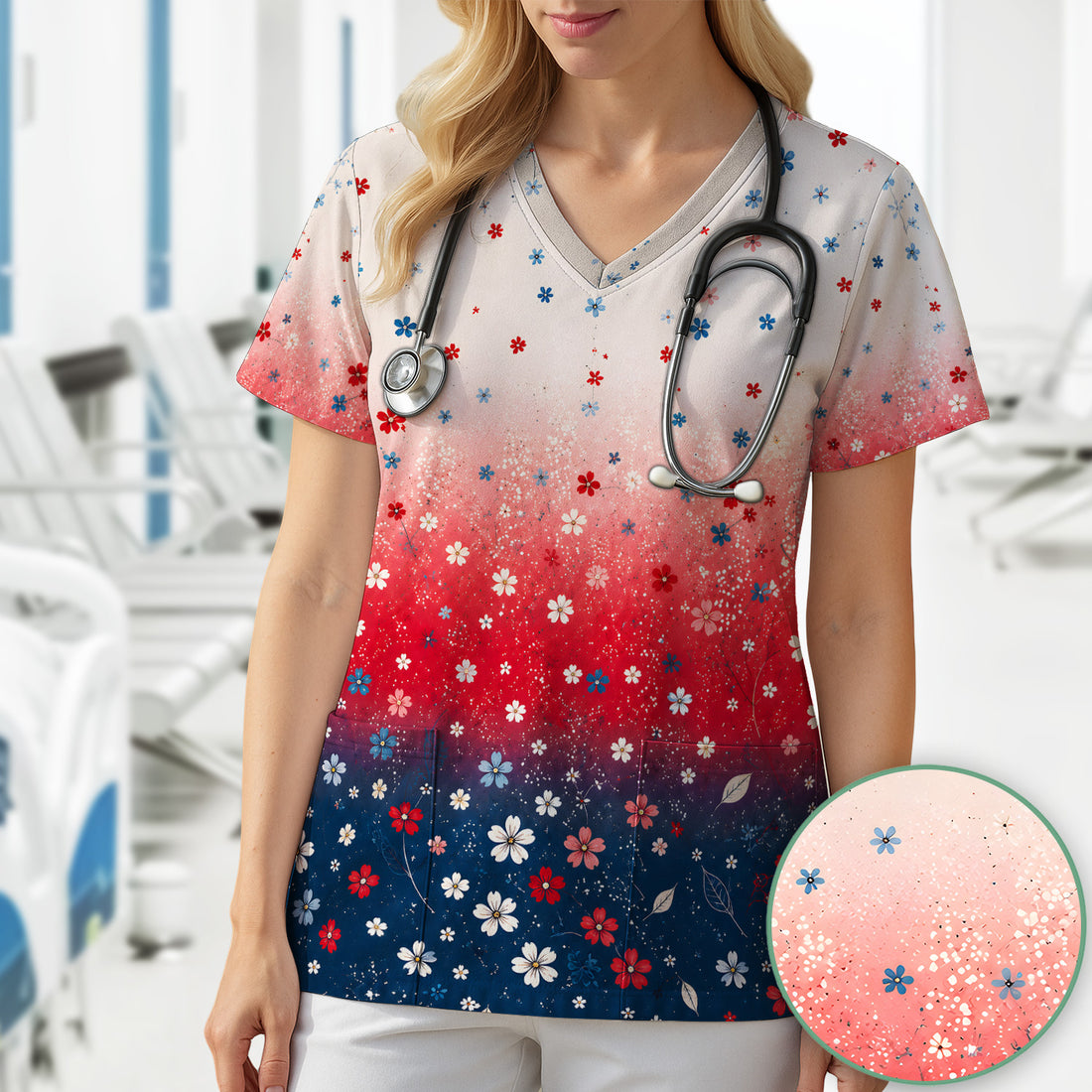 Patriotic Red White Blue Floral Ombre Print Scrub Top, Comfortable Scrubs for Nurses