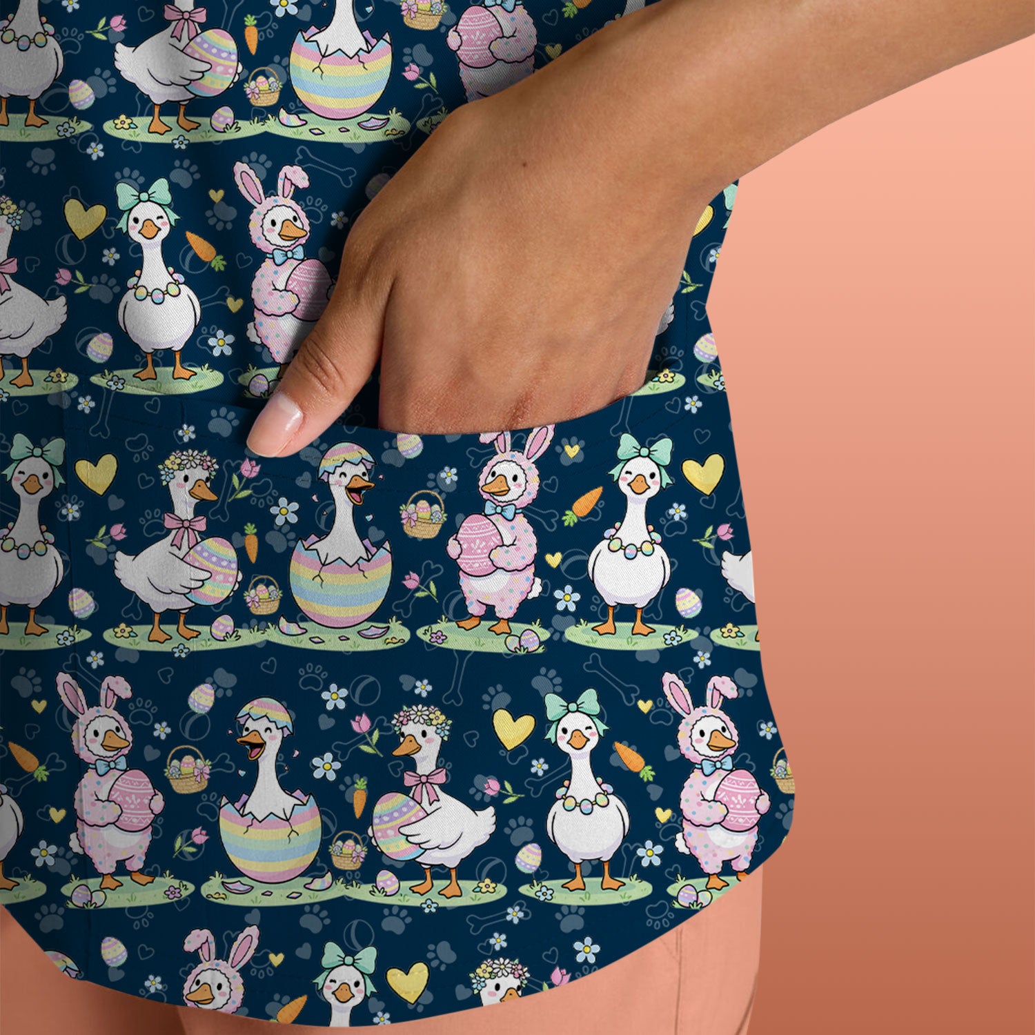Pastel Easter Goose Bunny Egg Pattern Scrub Top, Comfortable Scrubs for Nurses